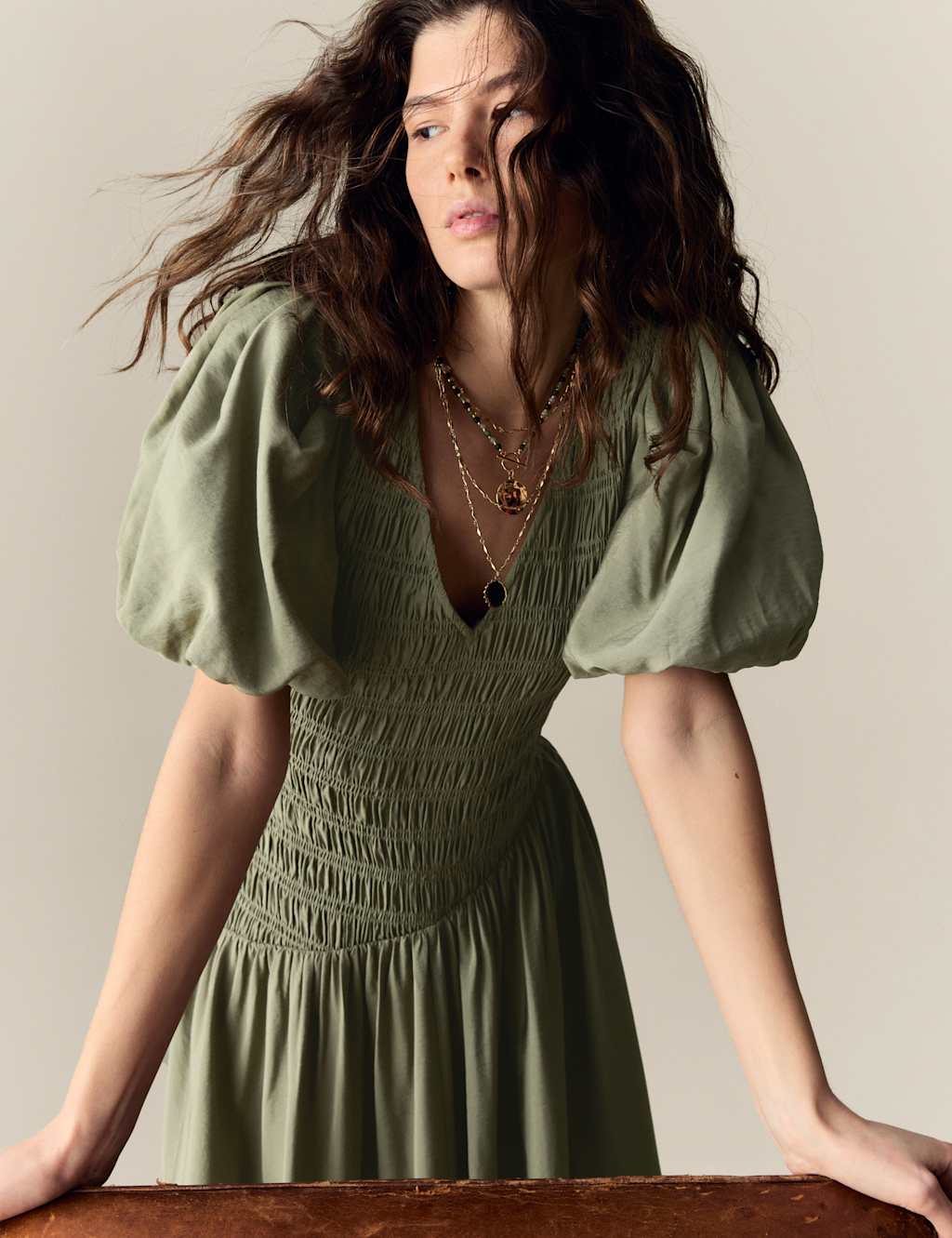 Textured V-Neck Puff Sleeve Midaxi Shirred Dress