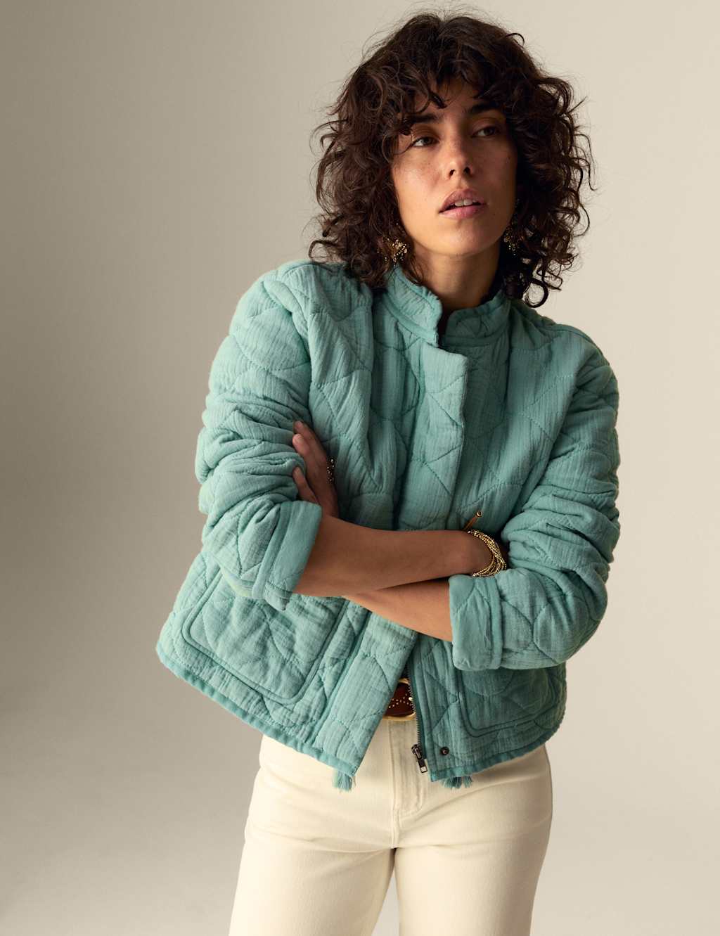 Pure Cotton Quilted Collared Utility Jacket