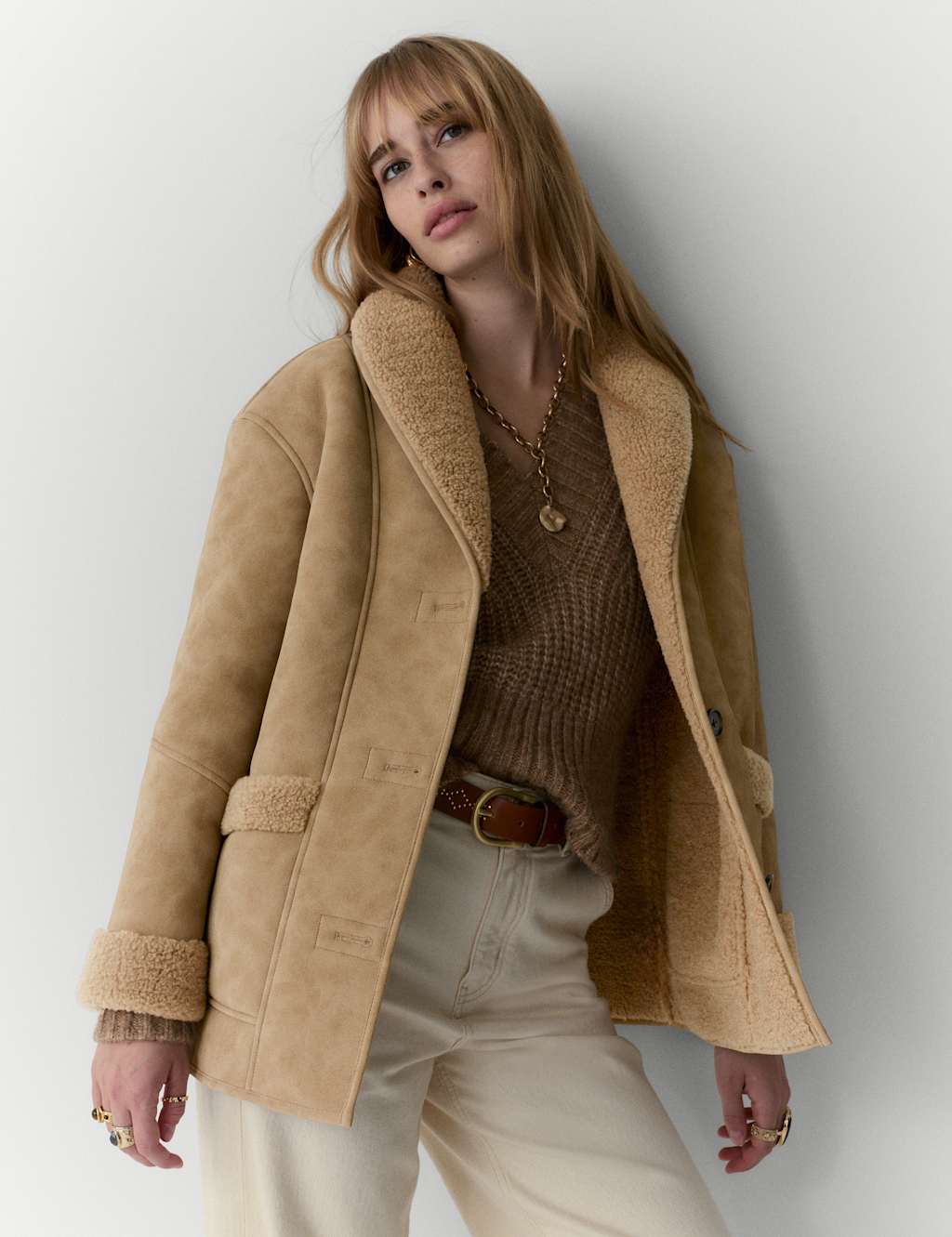 Per Una Faux Shearling Button Front Relaxed Jacket Beige