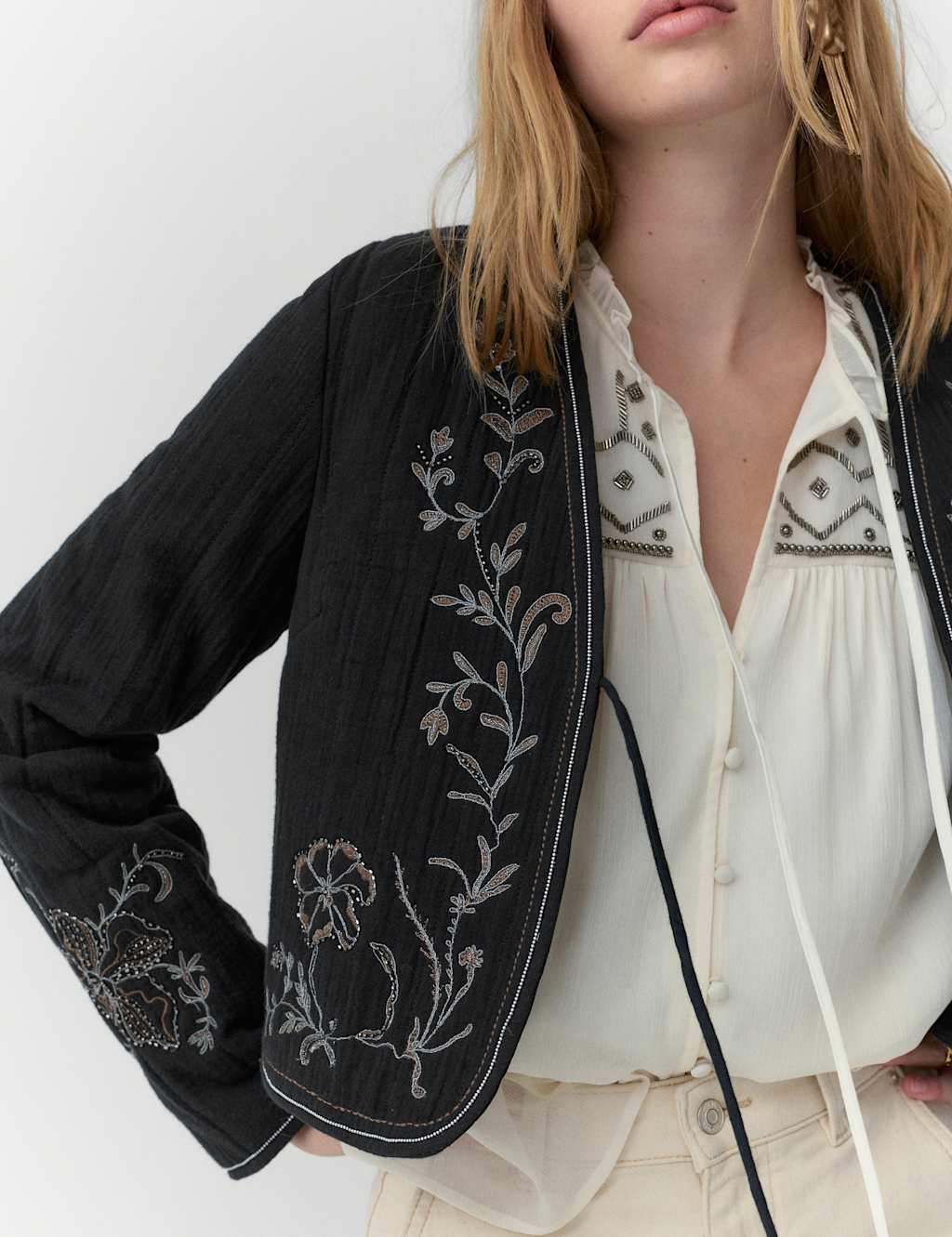 Per Una Pure Cotton Embellished Tie Front Jacket Black