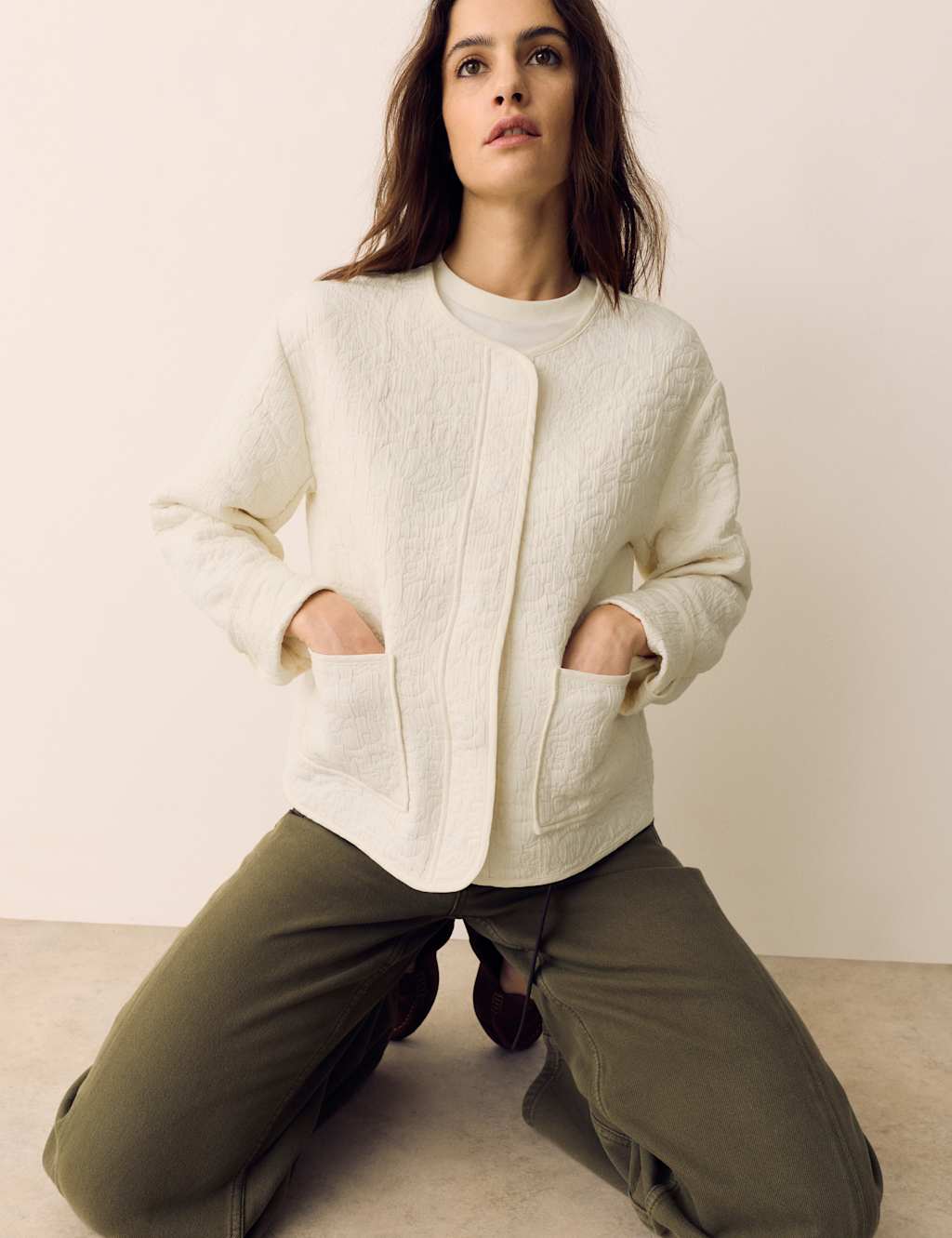 Per Una Women's Cotton Blend Quilted Collarless Jacket - Medium - Ecru