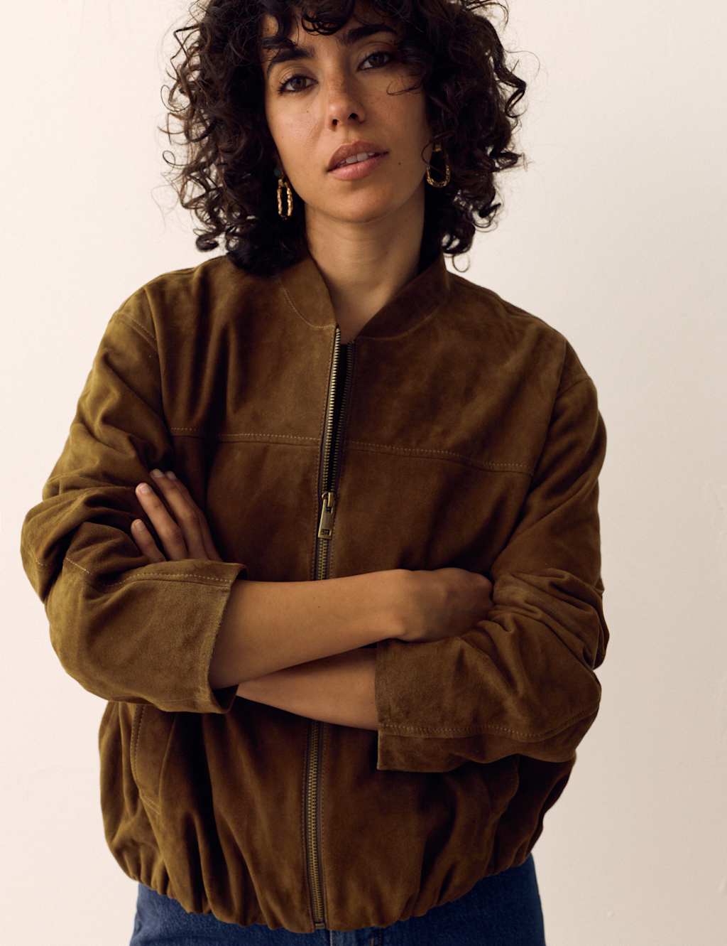 Per Una Women's Suede Bubble Hem Relaxed Bomber Jacket - 12 - Dark Khaki