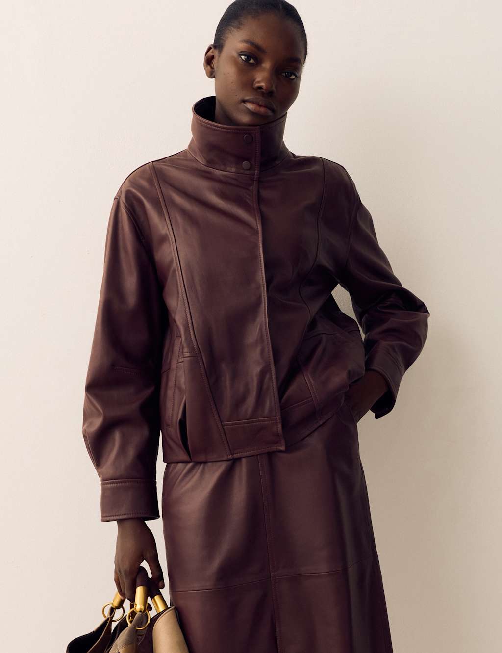 Per Una Women's Leather Funnel Neck Jacket - 14 - Raisin