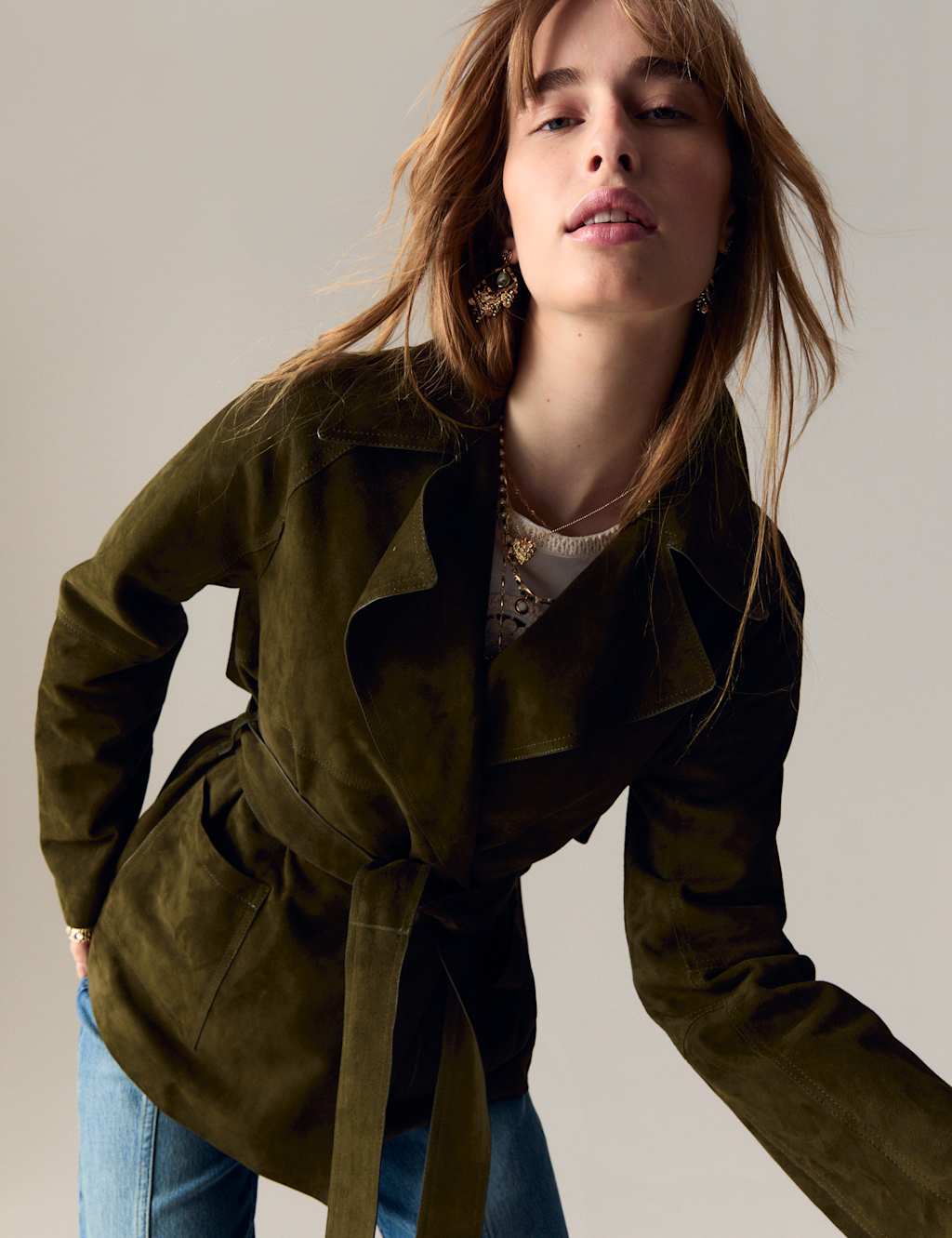 Suede Belted Revere Collar Trench Coat