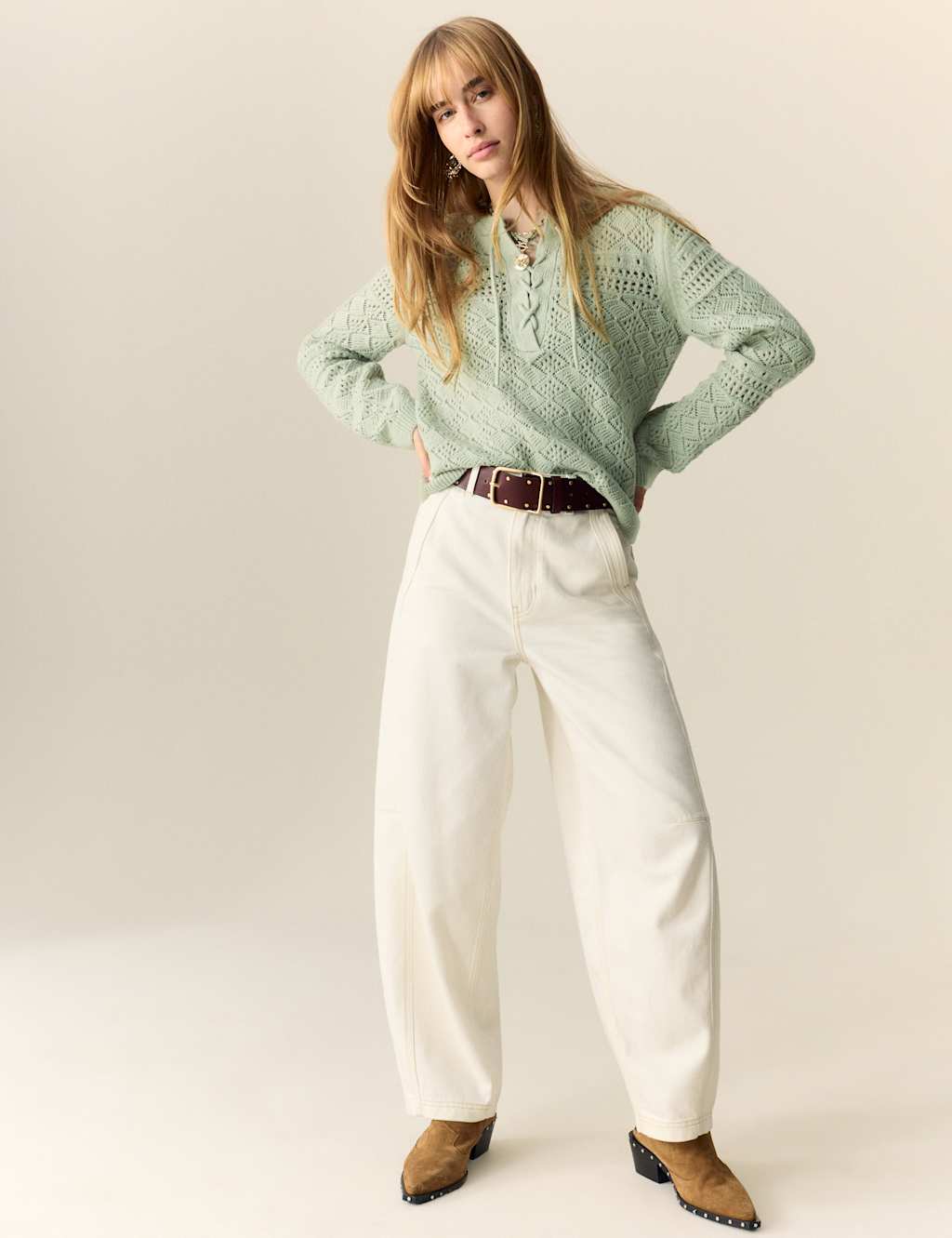 Per Una Cotton Blend Pointelle Tie Neck Jumper Soft Green