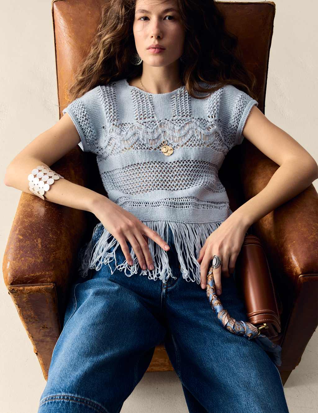 Cotton Rich Crew Neck Fringe Oversized Jumper