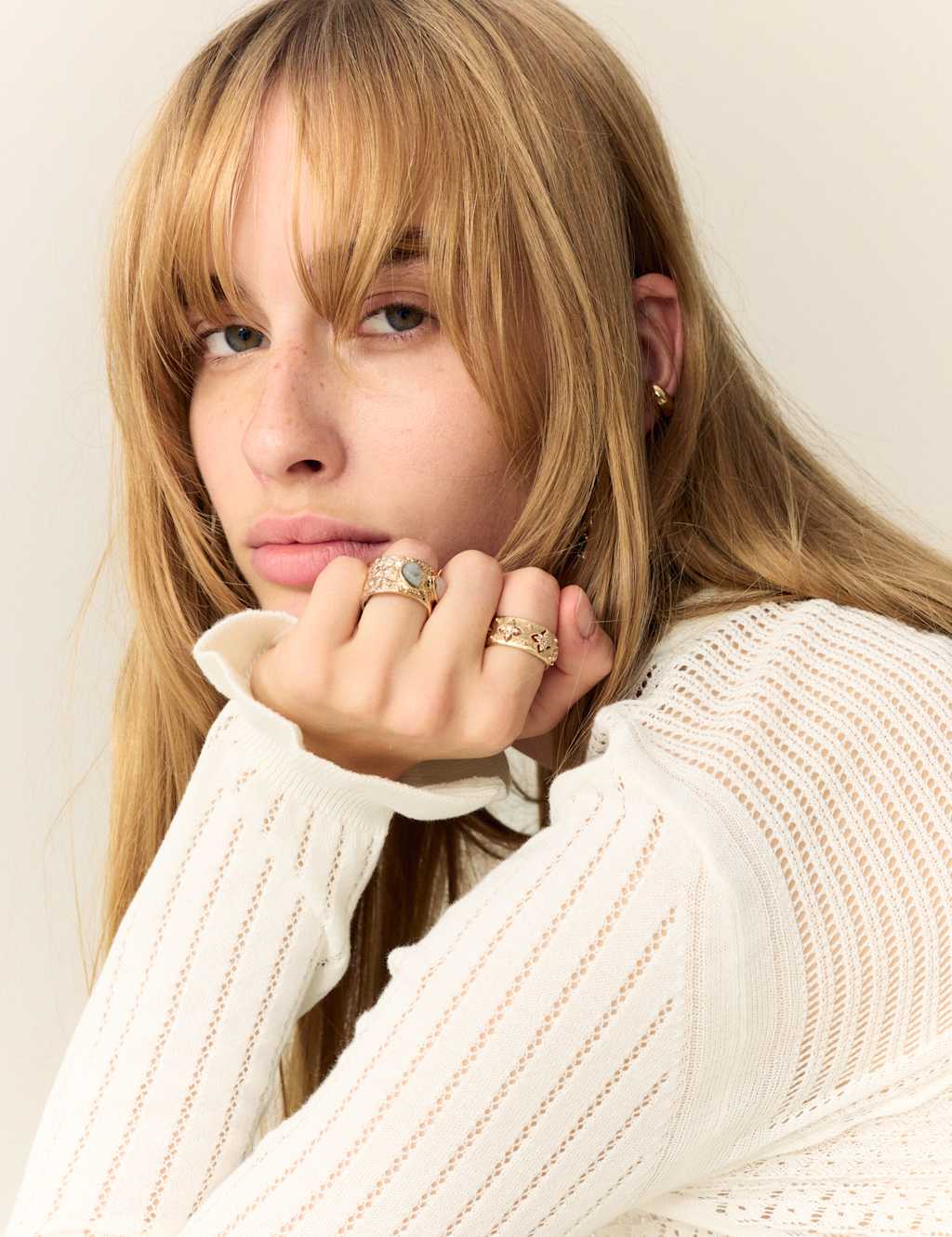 M&S Cotton Rich Pointelle Crew Neck Jumper Ecru