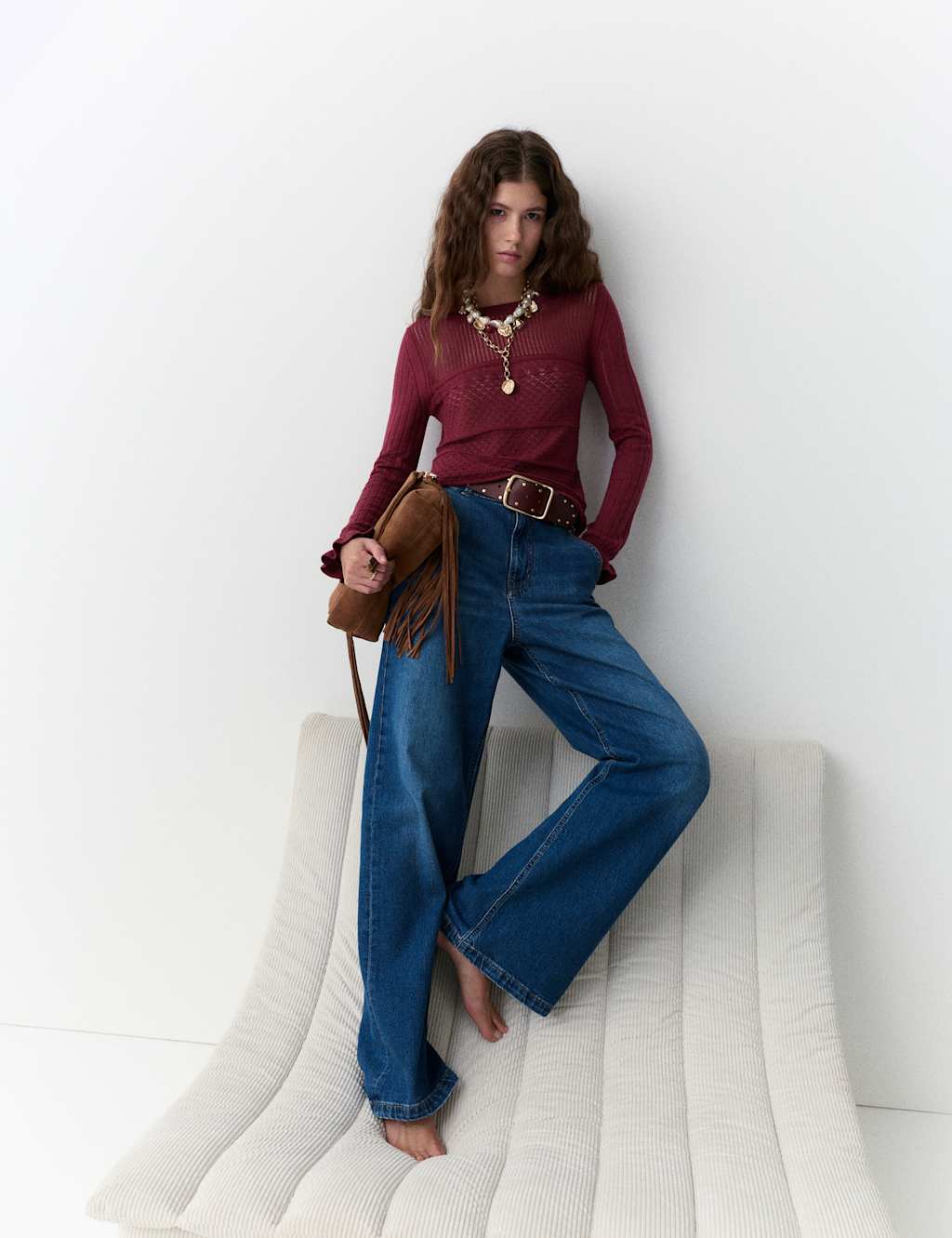 M&S Cotton Rich Pointelle Crew Neck Jumper Claret