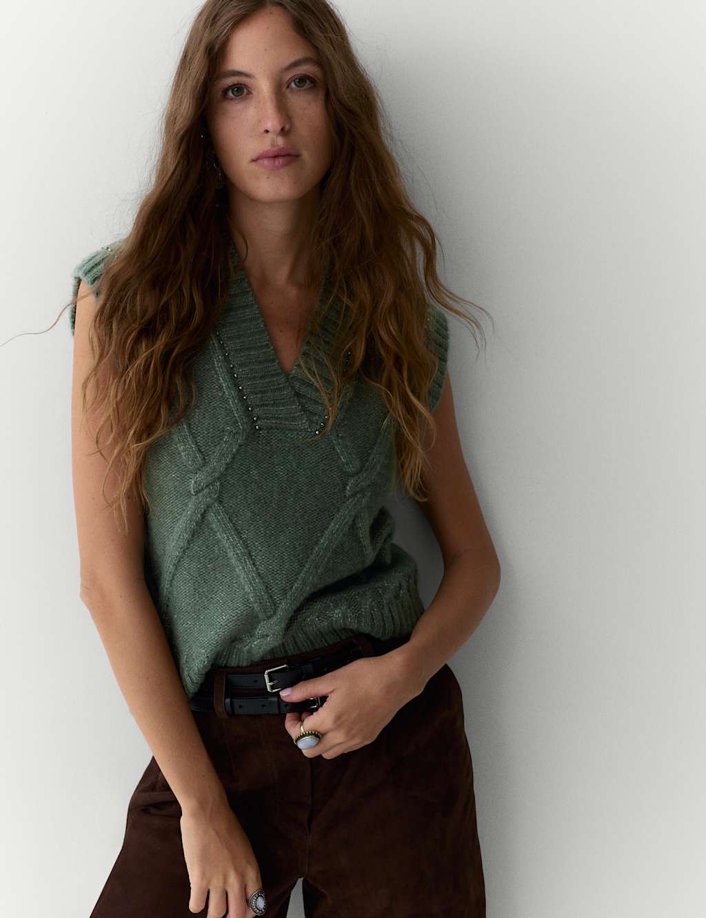 Per Una Embellished Cable Knit V-Neck Tabard Smokey Green