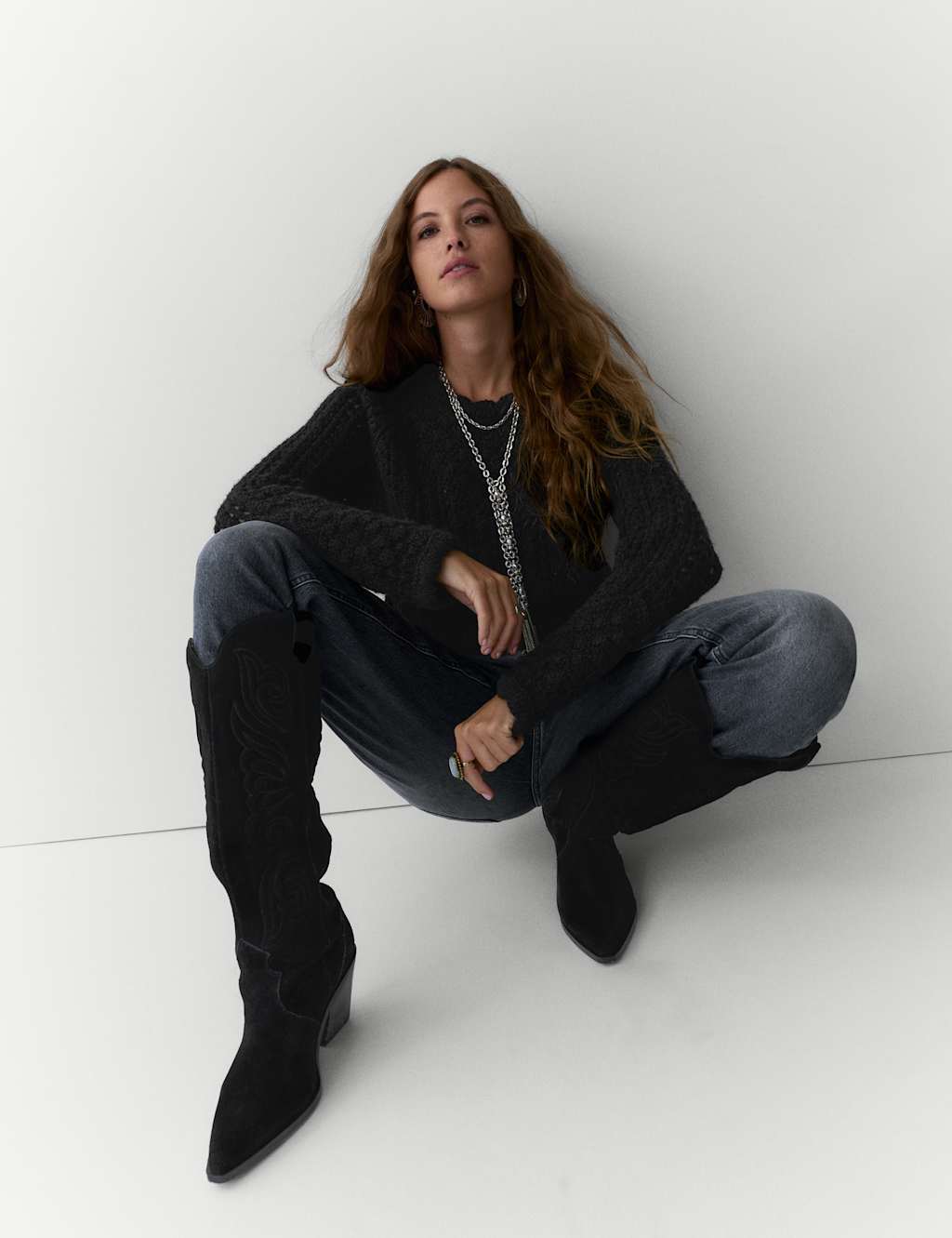 Per Una Chunky Pointelle Crew Neck Jumper with Wool Black