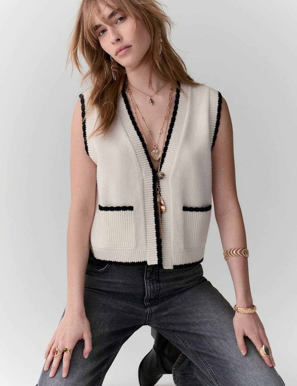 Per Una Women's Scallop Edge Detail Knitted Tabard With Wool - Large - Cream Mix