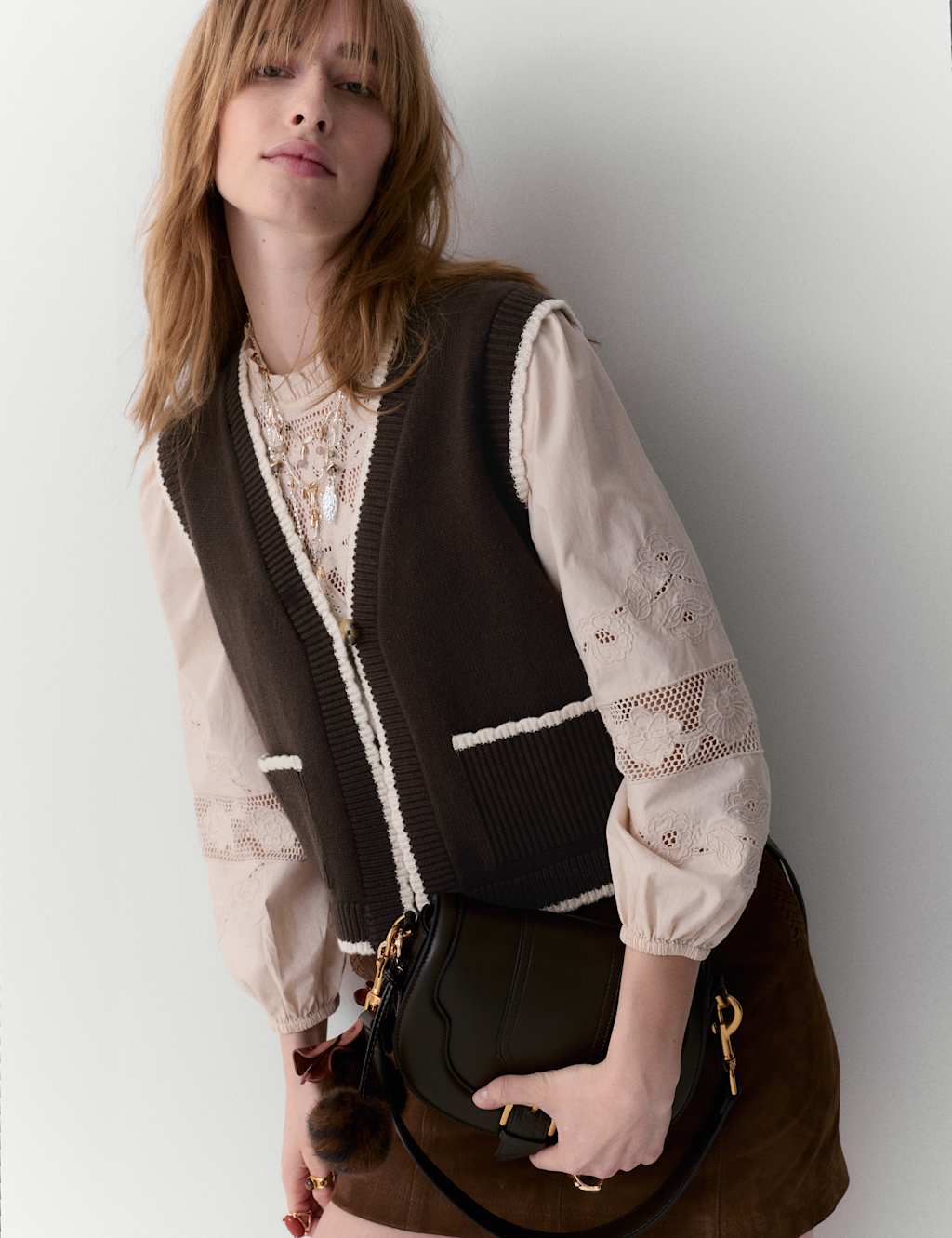 Per Una Women's Scallop Edge Detail Knitted Tabard With Wool - Small - Brown Mix