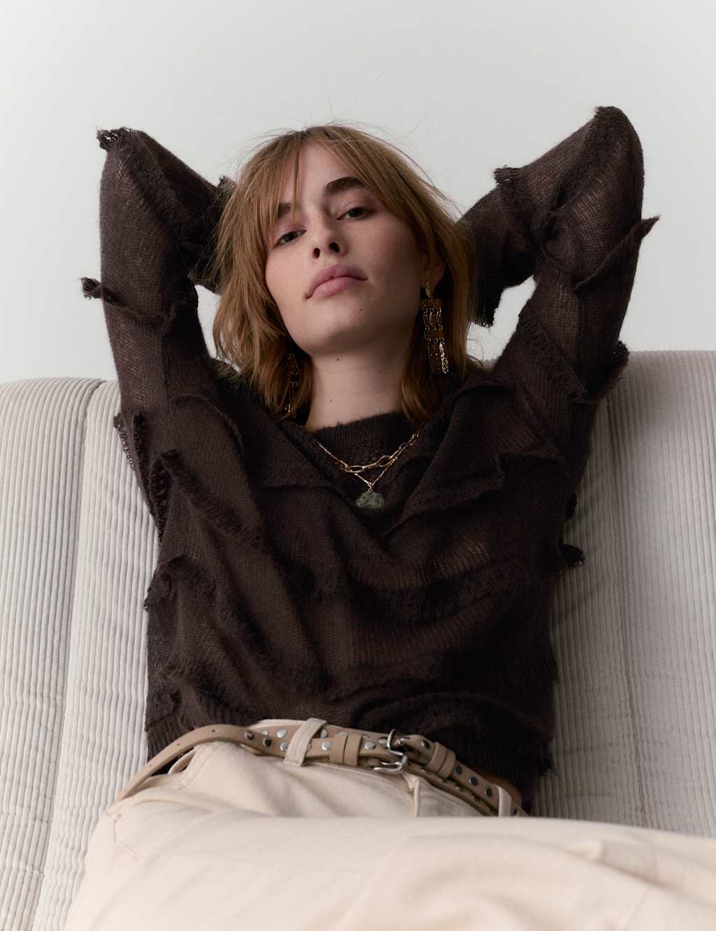Per Una Women's Knitted Crew Neck Ruffle Jumper with Mohair - Small - Dark Mole