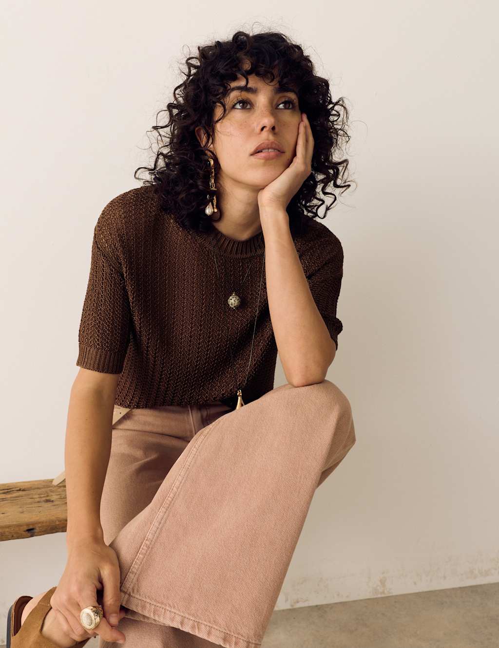 Per Una Women's Sparkly Crew Neck Knitted Top - Large - Conker