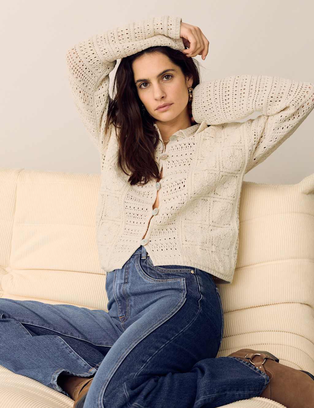 Per Una Women's Cotton Blend Crochet Look Collared Cardigan - Small - Ecru