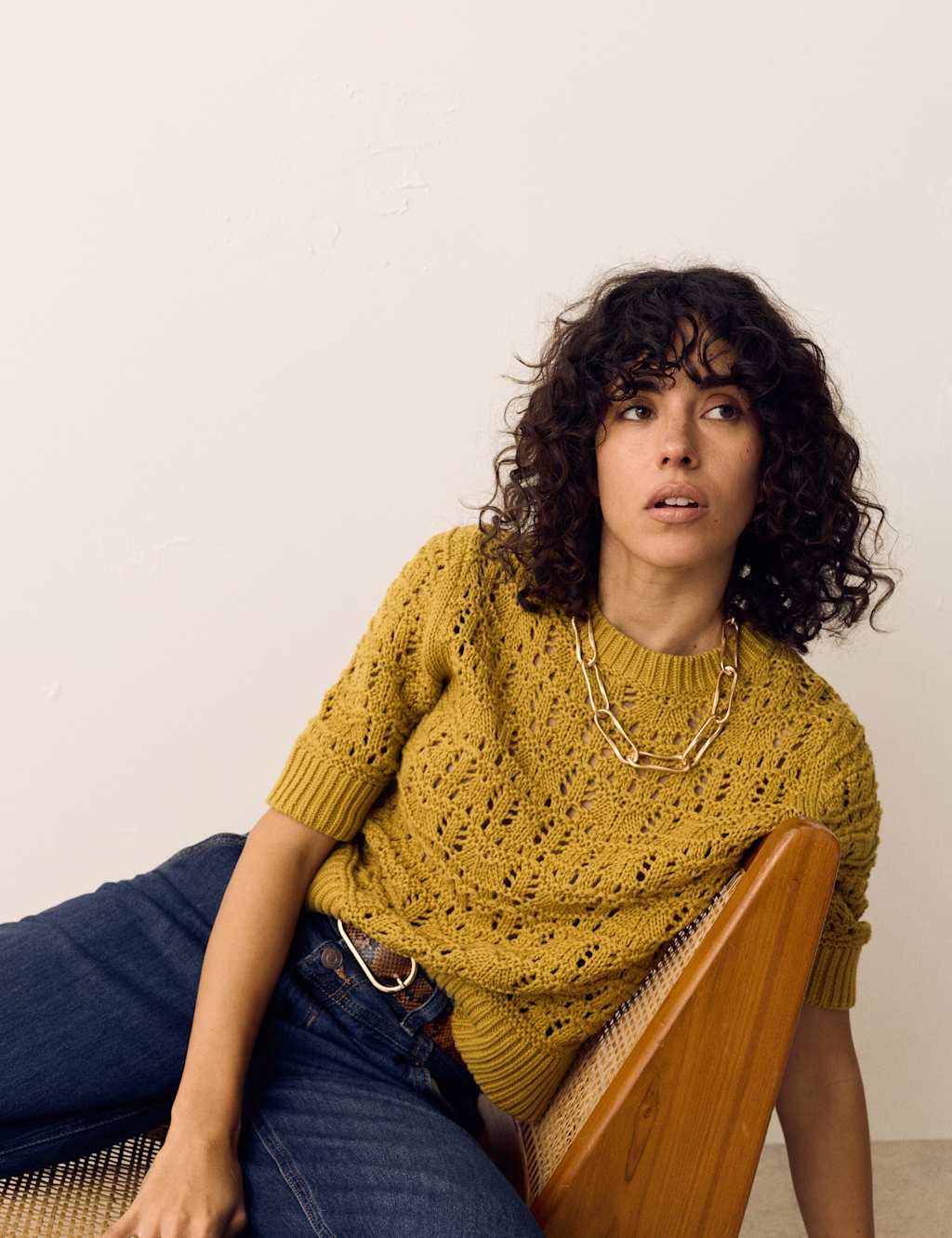 Per Una Women's Pure Cotton Pointelle Knitted T-Shirt - Small - Antique Gold