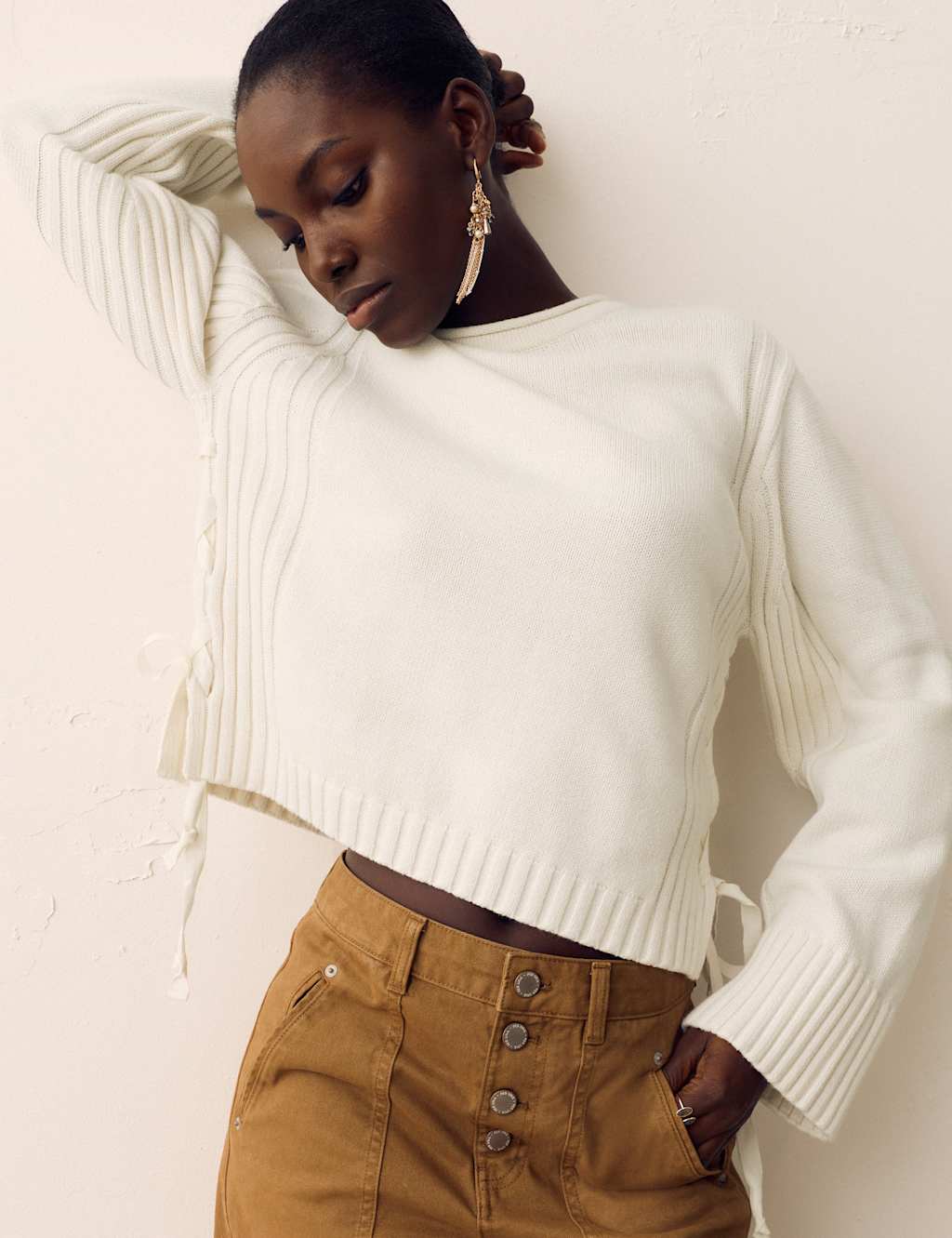 Per Una Women's Cotton Rich Tie Side Detail Jumper - Small - Cream