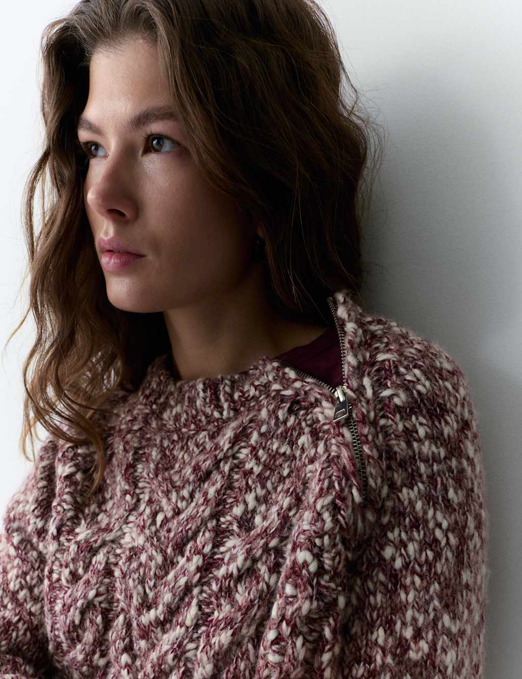 Per Una Cable Knit Jumper with Wool Soft Brown Mix