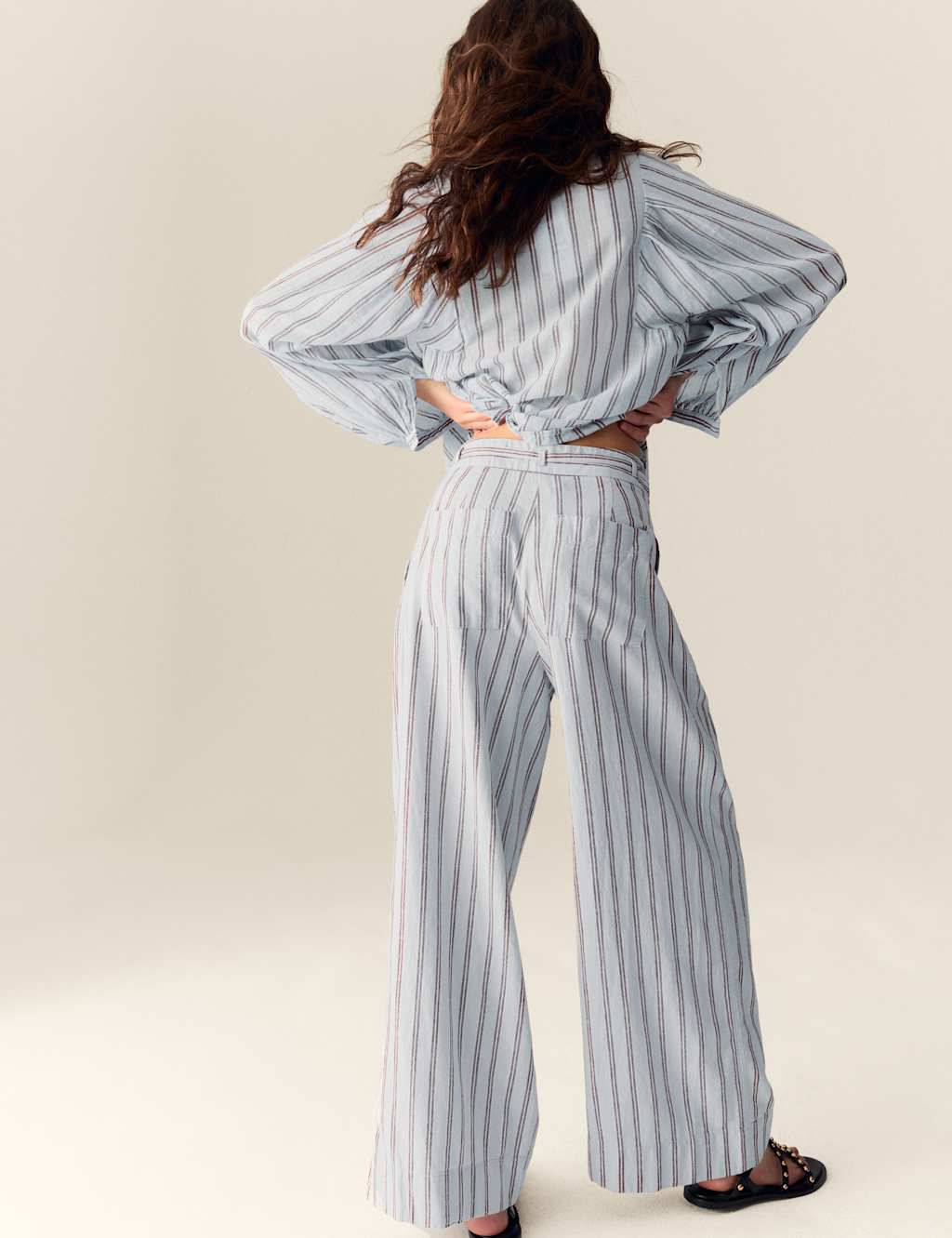 Linen Blend Striped Drawstring Wide Leg Trousers