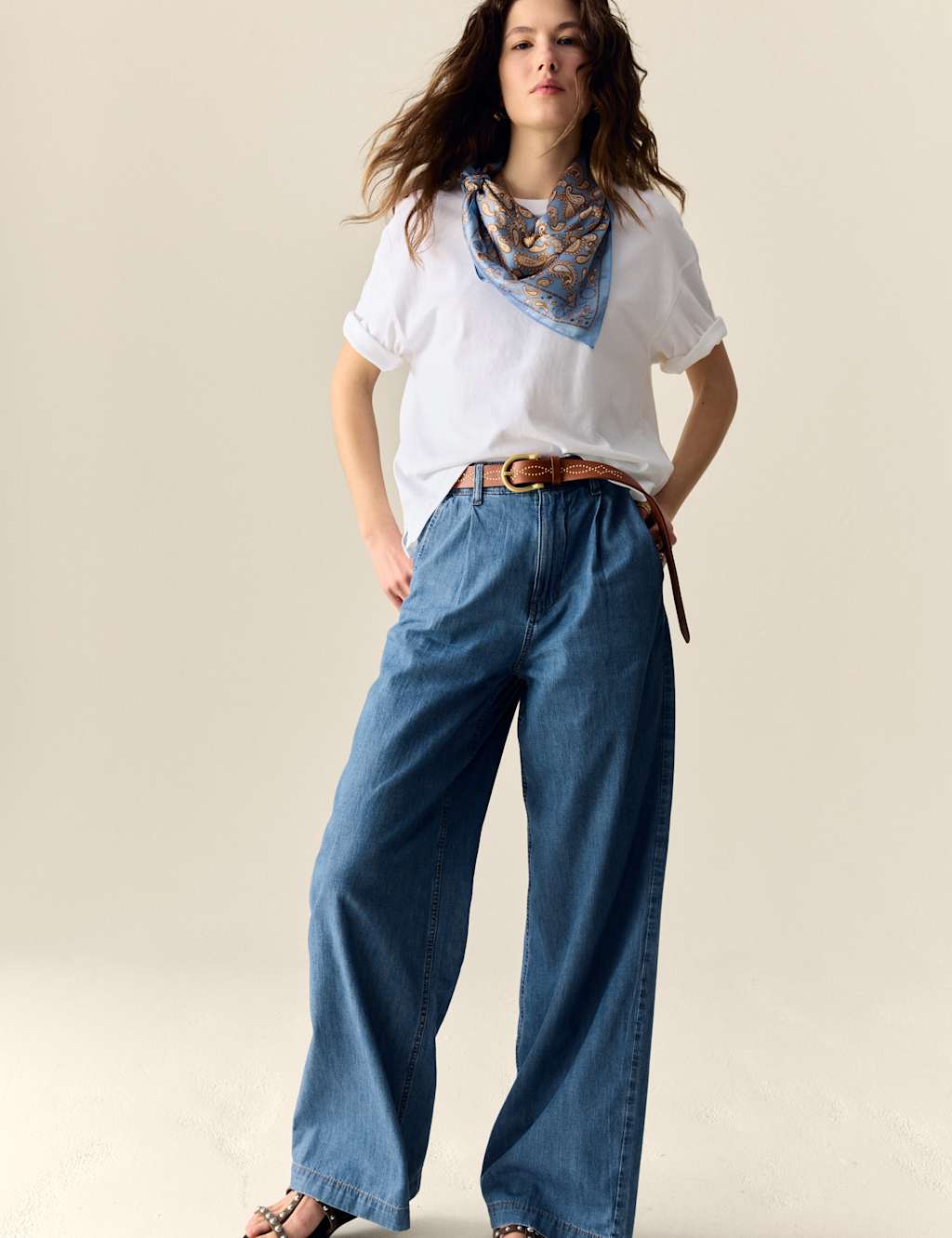 Denim High Waisted Pleat Front Wide Leg Jeans