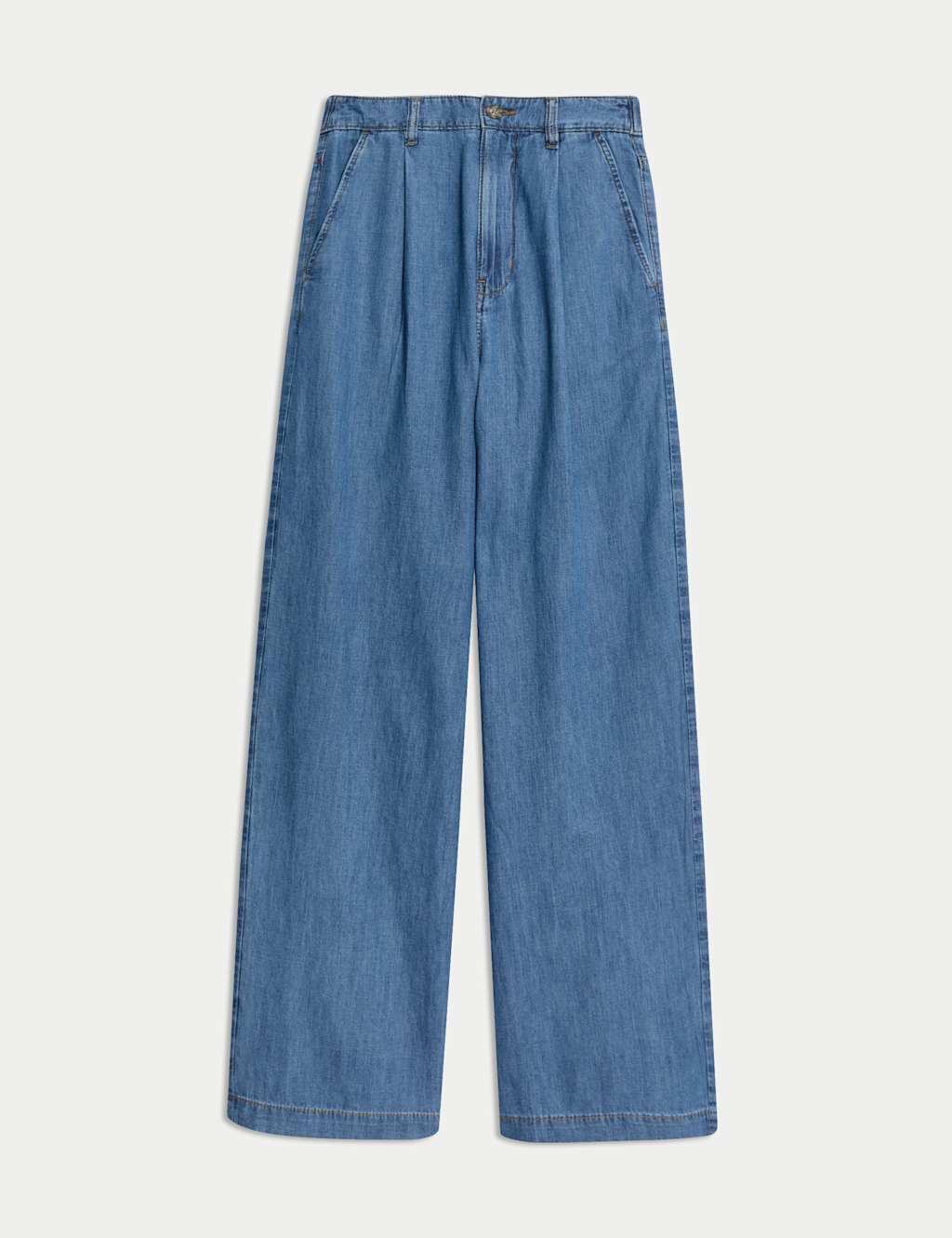 Denim High Waisted Pleat Front Wide Leg Jeans