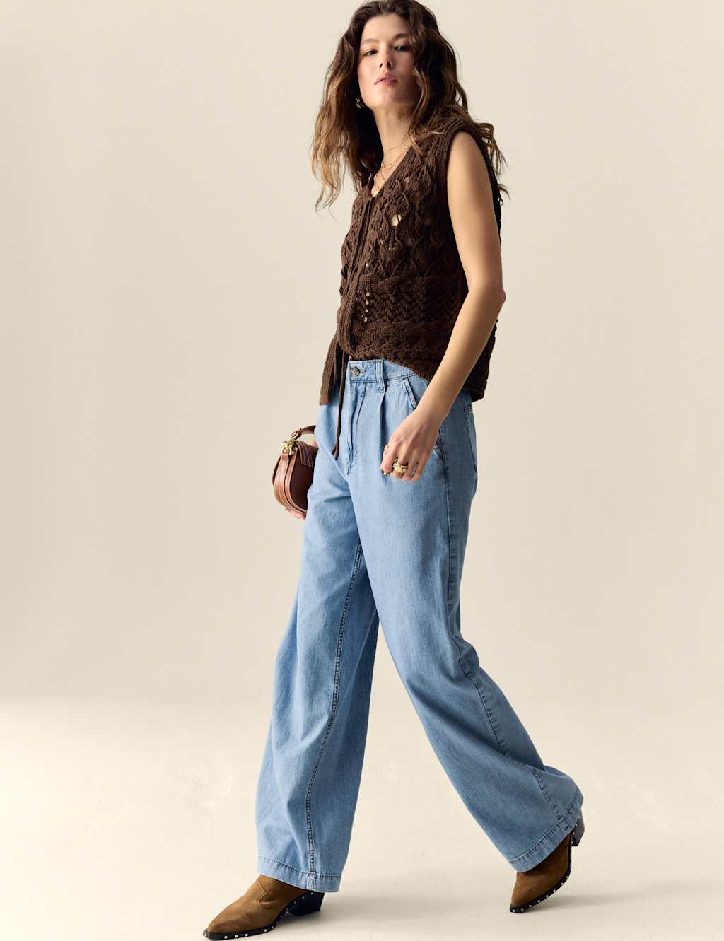 Denim High Waisted Pleat Front Wide Leg Jeans