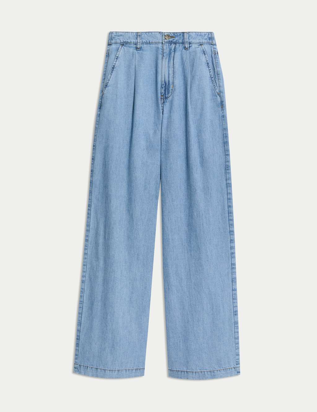 Denim High Waisted Pleat Front Wide Leg Jeans
