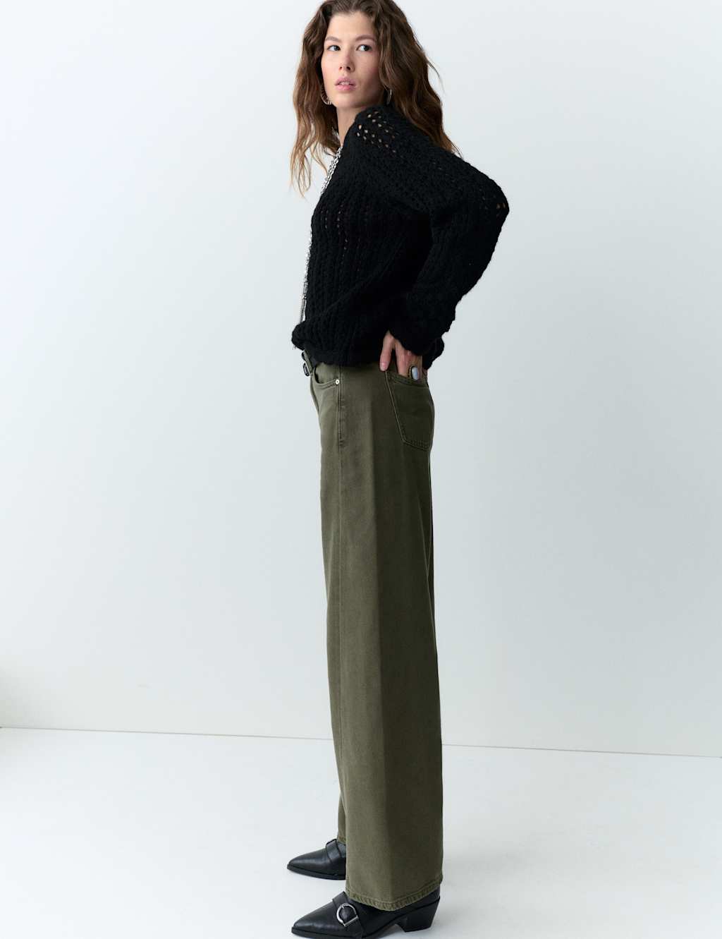 Per Una Lyocell Blend High Waisted Wide Leg Jeans Dark Khaki