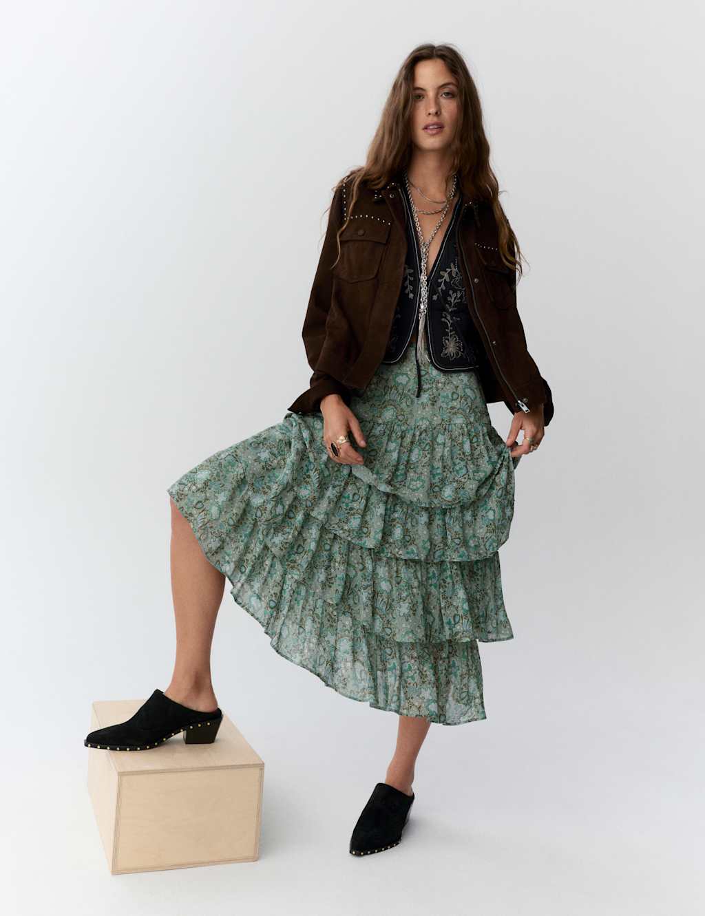 Per Una Printed Ruffle Tiered Midaxi Skirt Green Mix