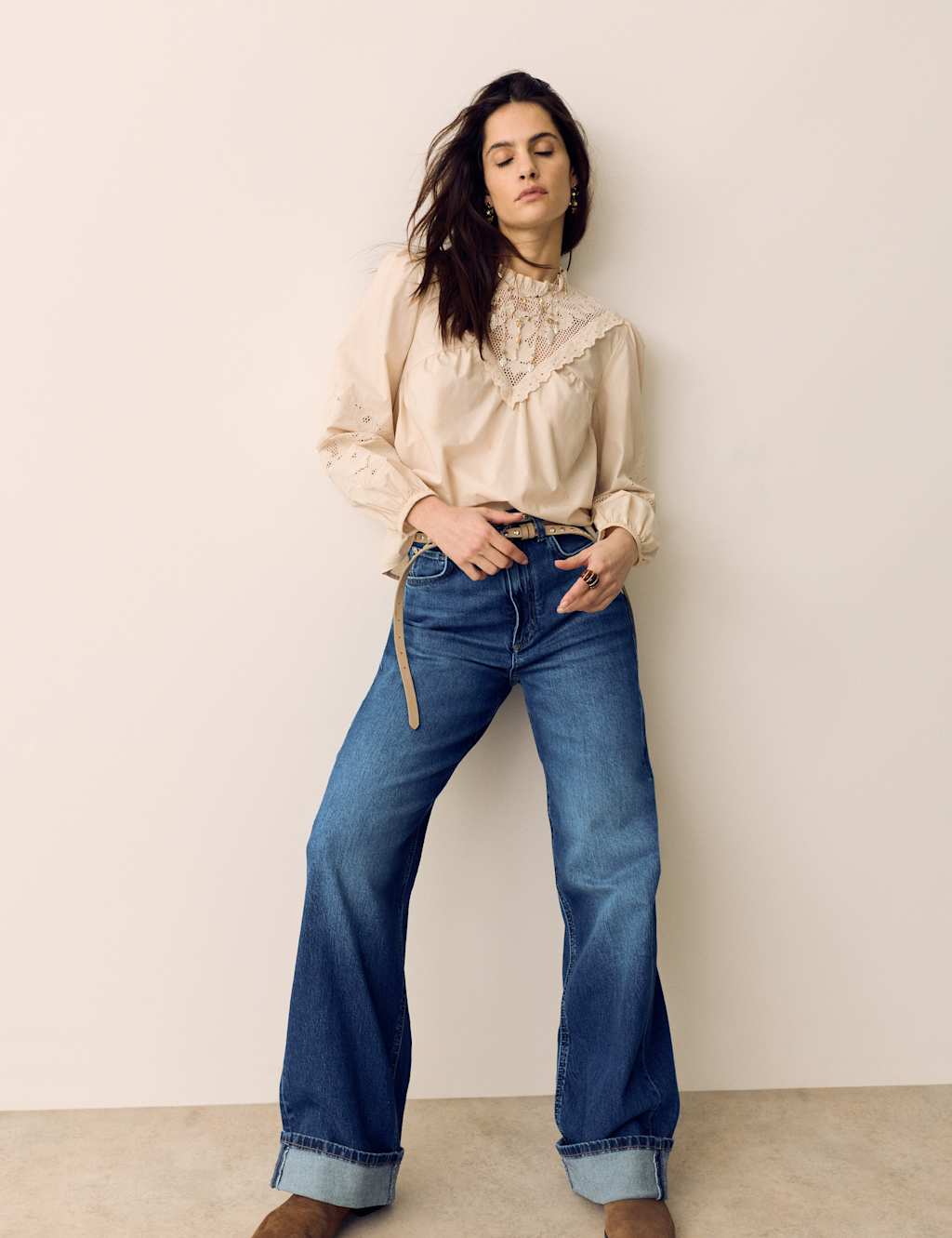 Per Una Women's High Waisted Straight Leg Turn Up Jeans - 14 - Medium Indigo