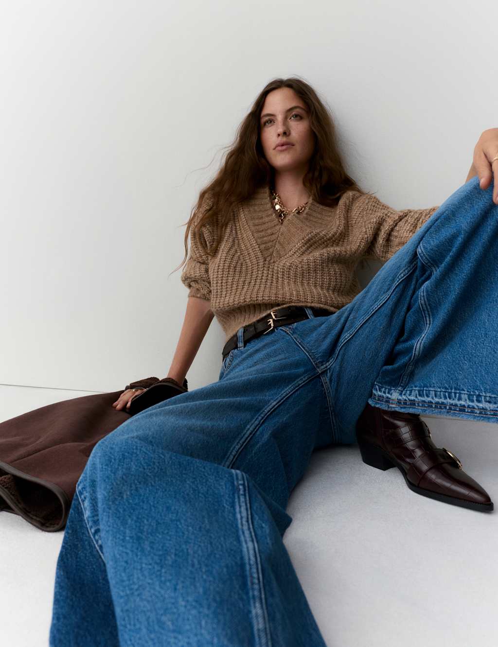 Per Una High Waisted Two Tone Wide Leg Jeans Indigo Mix