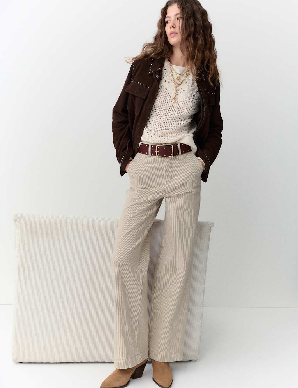 Per Una Cotton Rich High Waisted Striped Wide Leg Jeans Brown Mix