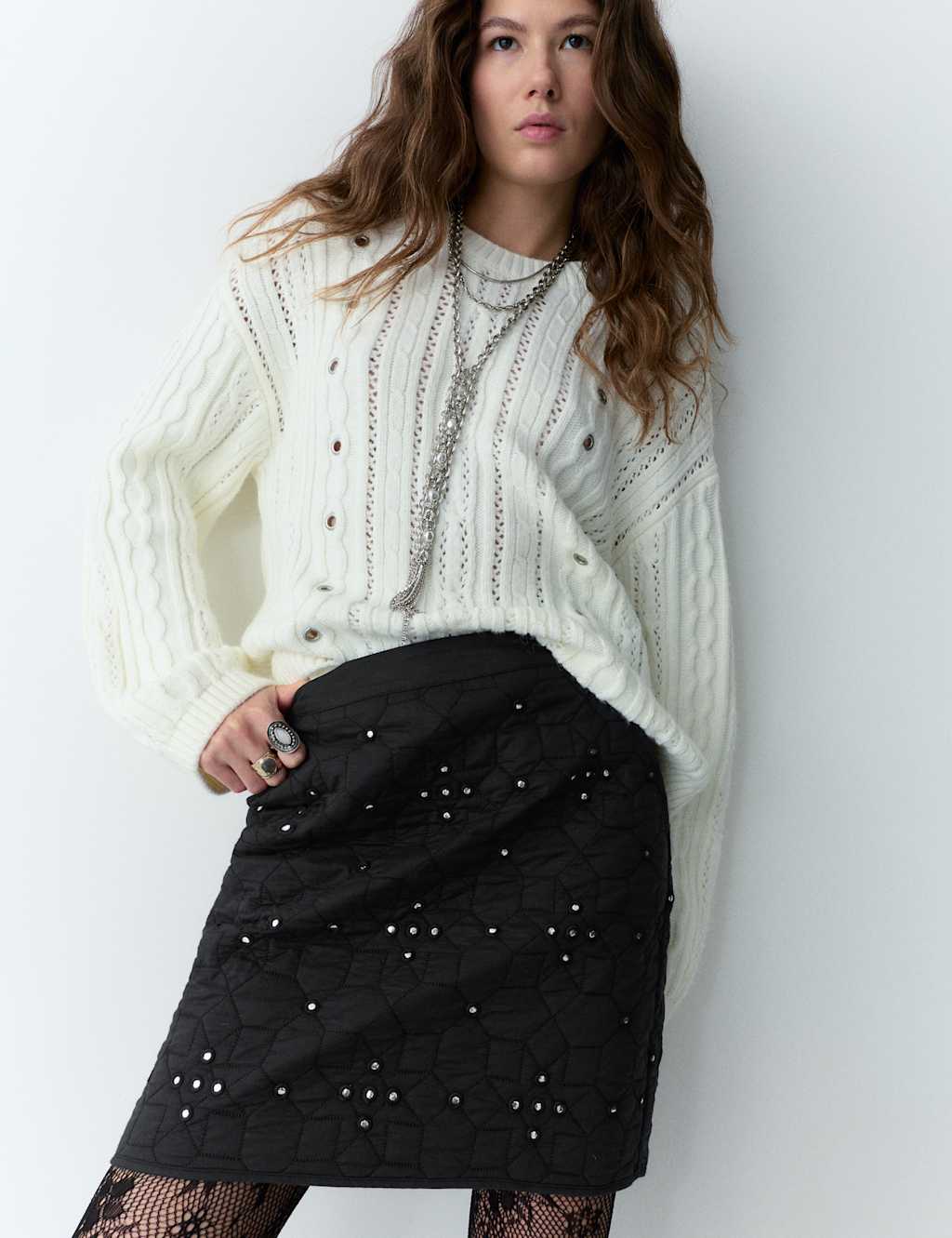 Per Una Mirror Quilted Embellished Mini Skirt Black