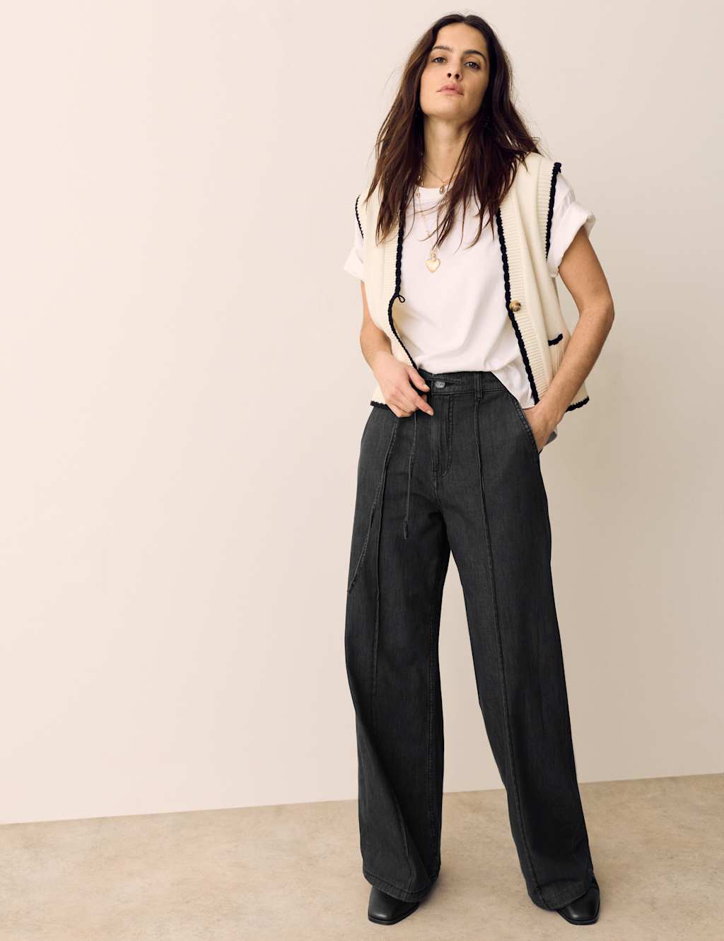 Per Una Women's Denim Pintuck Wide Leg Jeans - 14 - Black