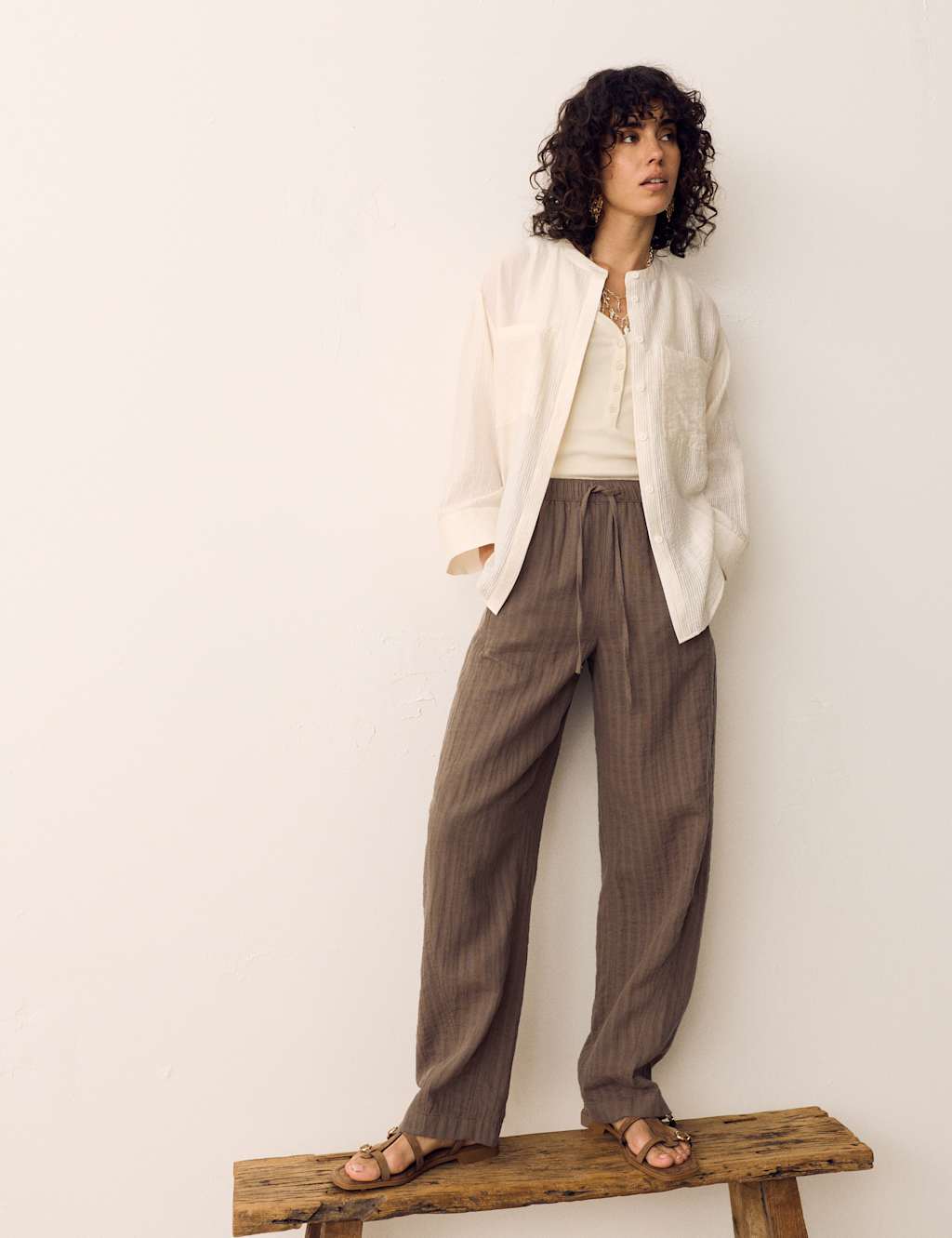 Per Una Women's Striped Tapered Trousers with Linen - 18 - Olive