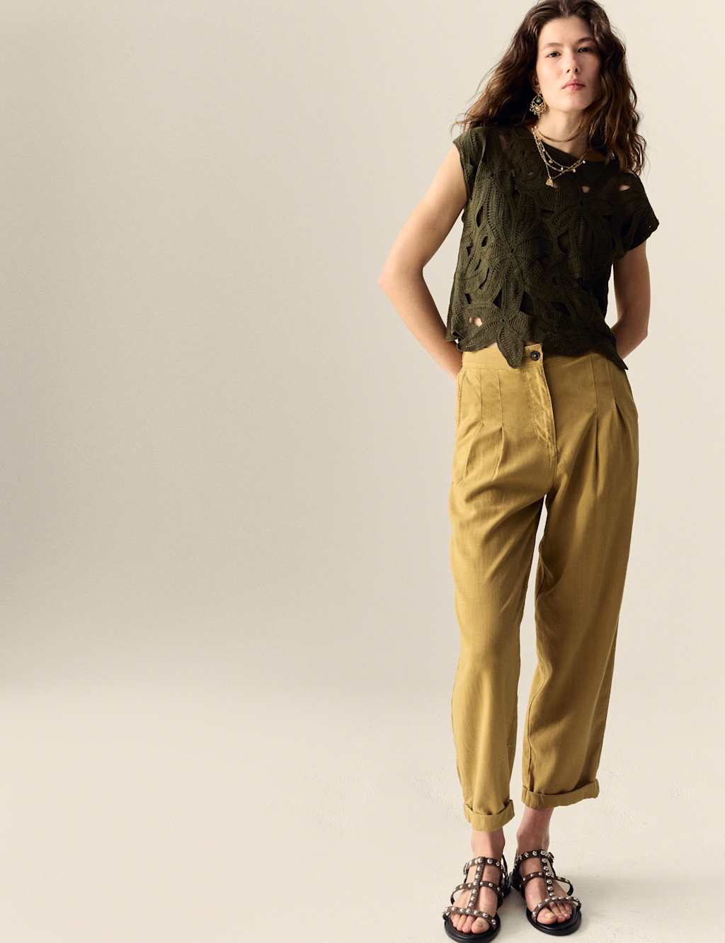 Linen Blend Pleat Front Tapered Trousers