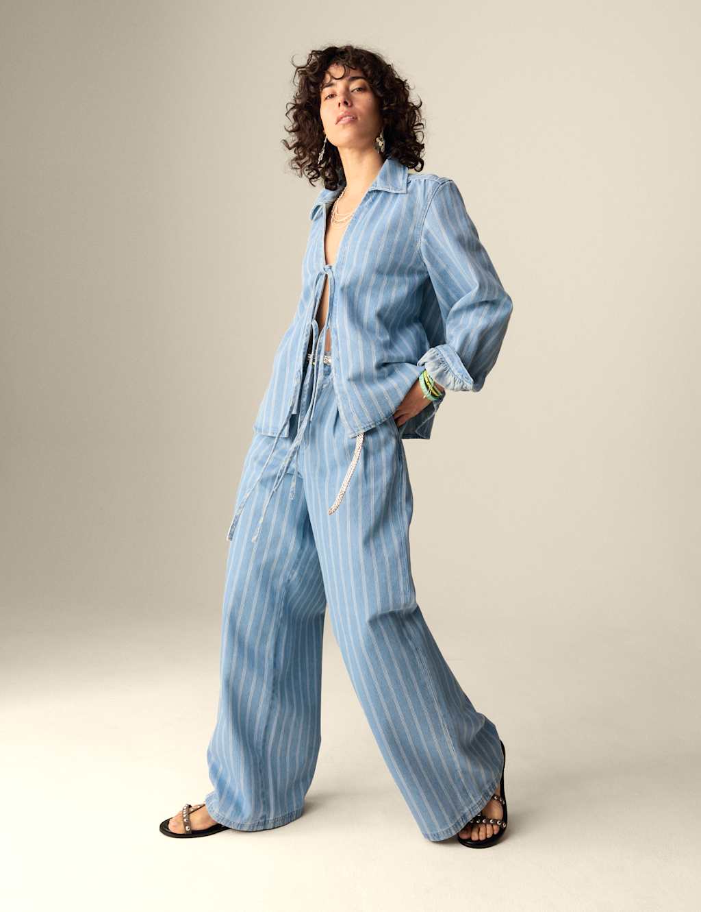 Pure Cotton Denim Striped Wide Leg