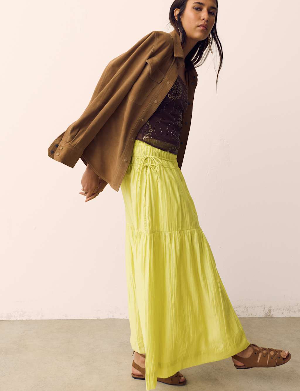 Per Una Women's Ruched Waist Midi Tiered Skirt - 14 - Soft Lime