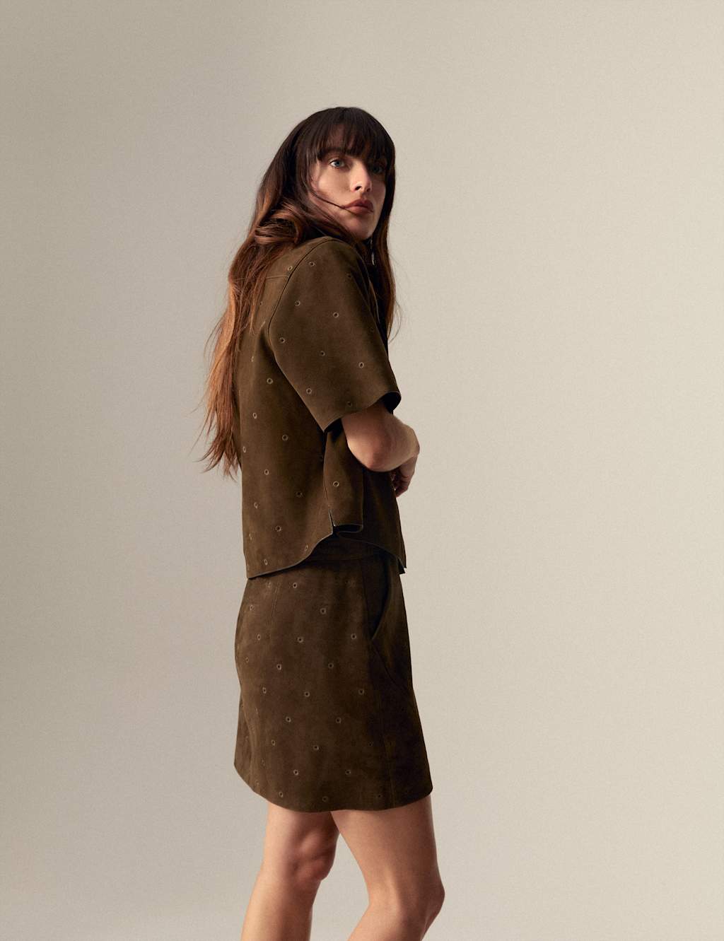 Suede Embroidered Mini Pencil Skirt