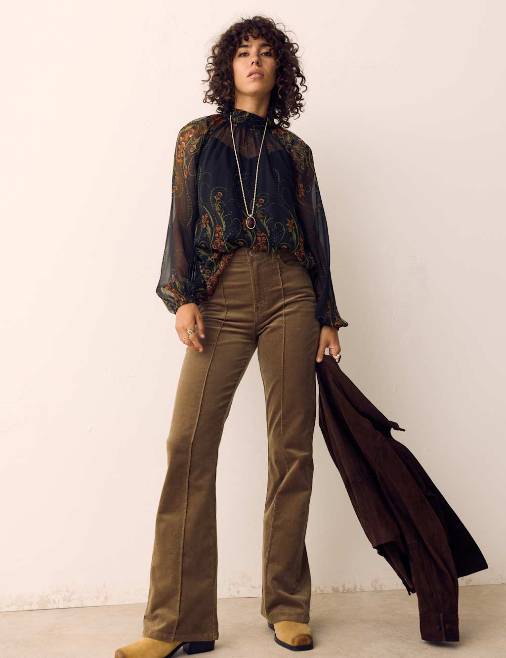 Per Una Women's Cotton Rich Cord Pintuck Flared Jeans - 14 - Olive