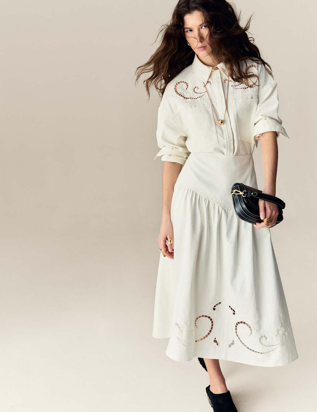 Denim Cutwork Detail Midi Skirt