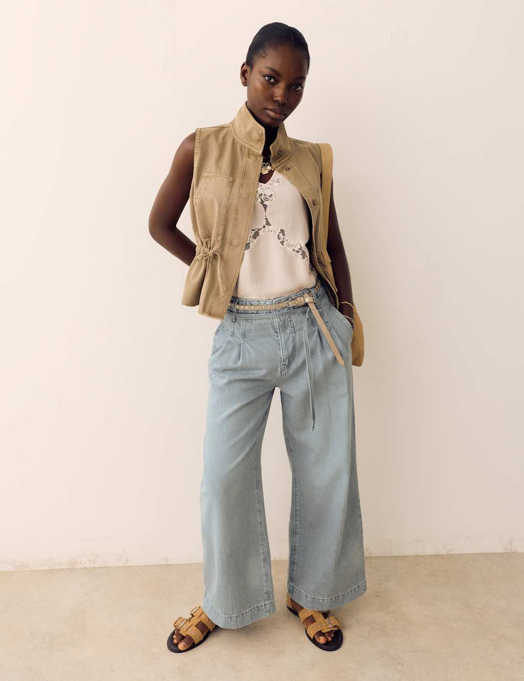 Per Una Women's High Waisted Belted Slouchy Wide Leg Jeans - 12 - Grey