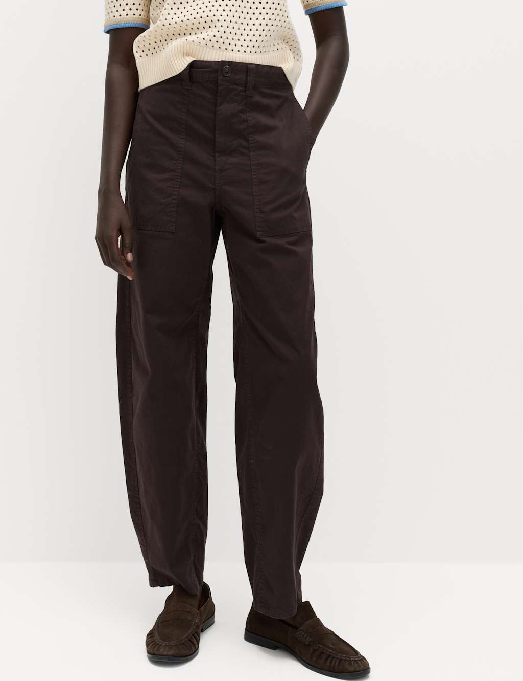 M&S Women's Cotton Rich Barrel Leg Trousers - 10 - Chocolate