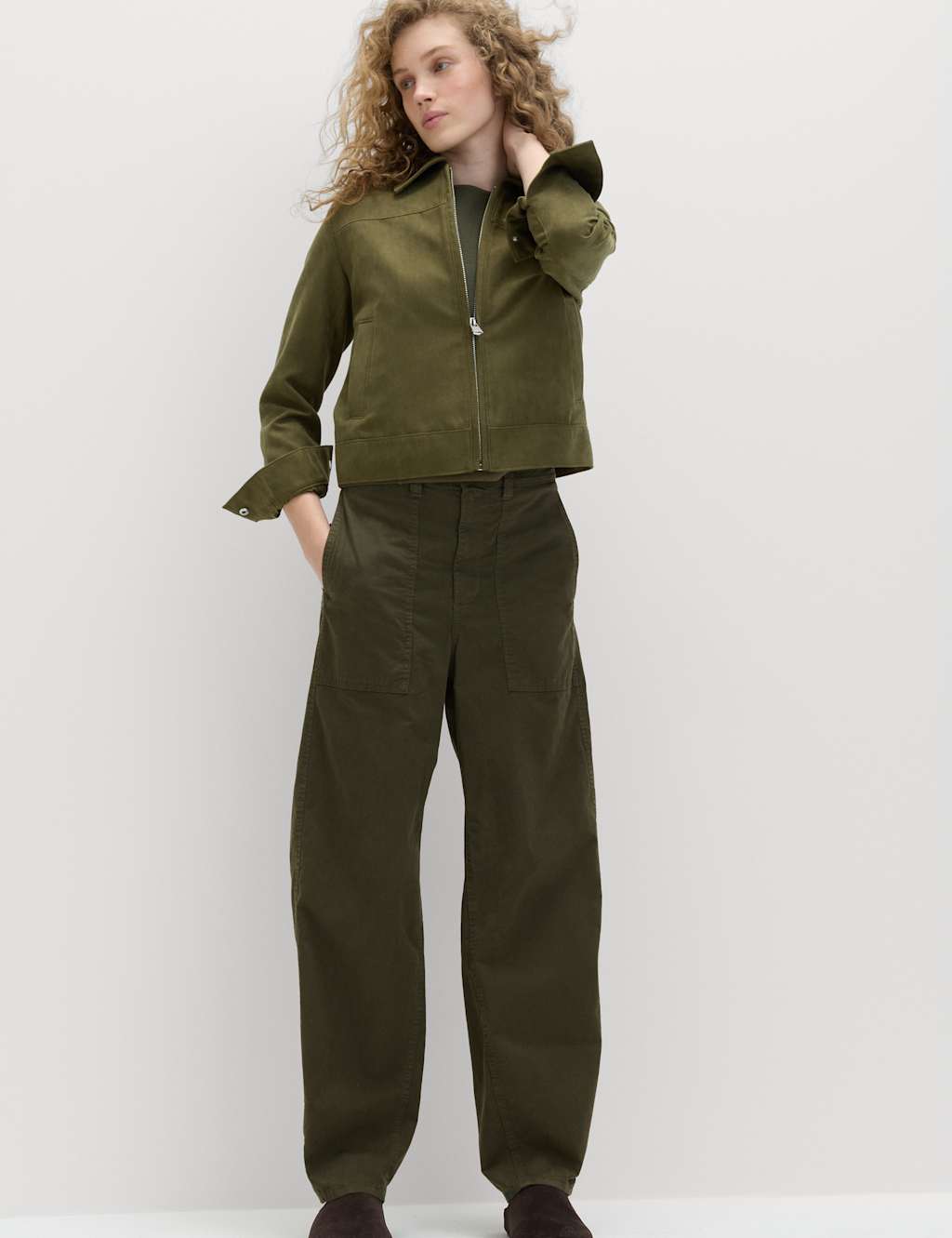 M&S Women's Cotton Rich Barrel Leg Trousers - 10 - Dark Khaki