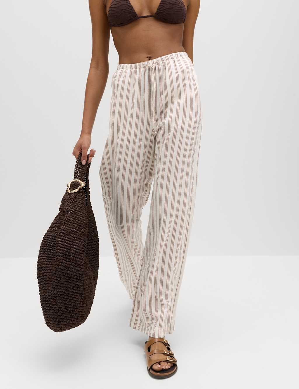 M&S Women's Linen Rich Drawstring Wide Leg Trousers - 6 - Brown Mix