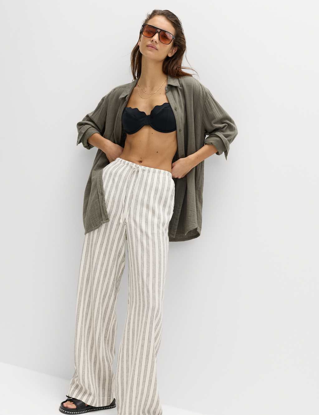 M&S Women's Linen Rich Drawstring Wide Leg Trousers - 10 - Black Stripe