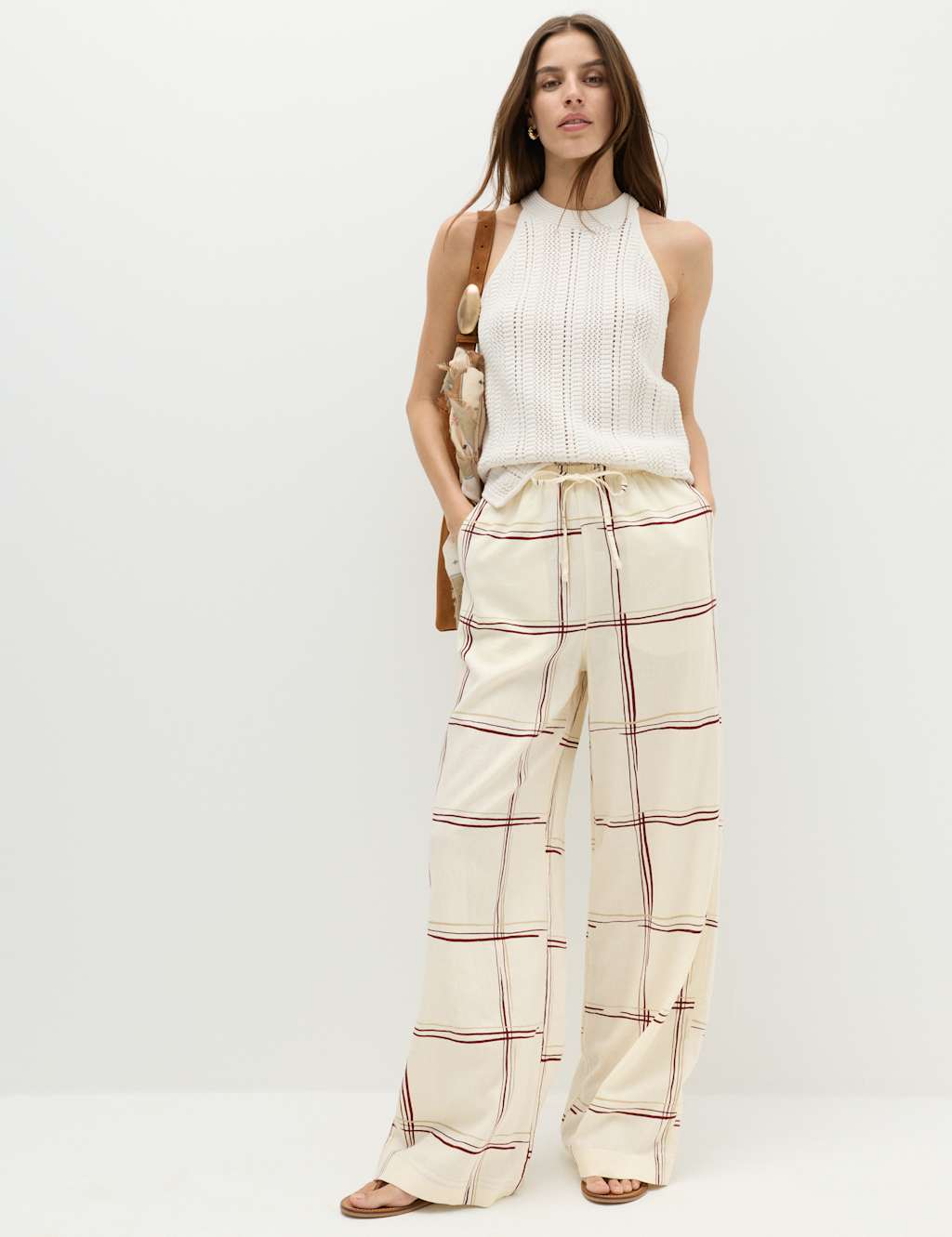 M&S Women's Linen Rich Checked Wide Leg Trousers - 18 - White Mix