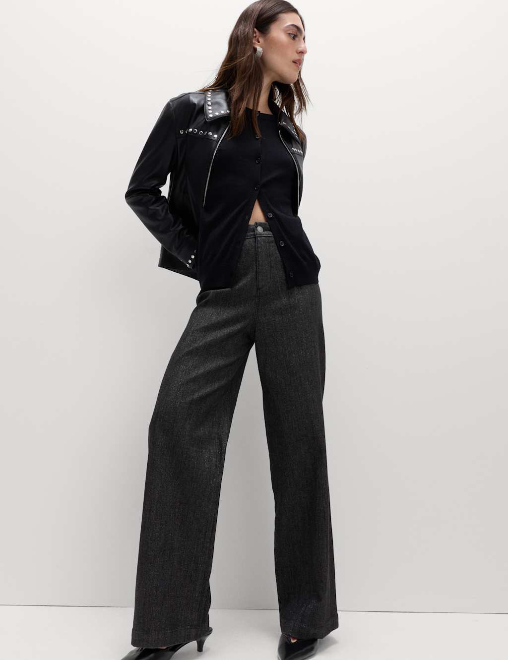 M&S High Waisted Shimmer Wide Leg Ankle Grazer Jeans Black Mix