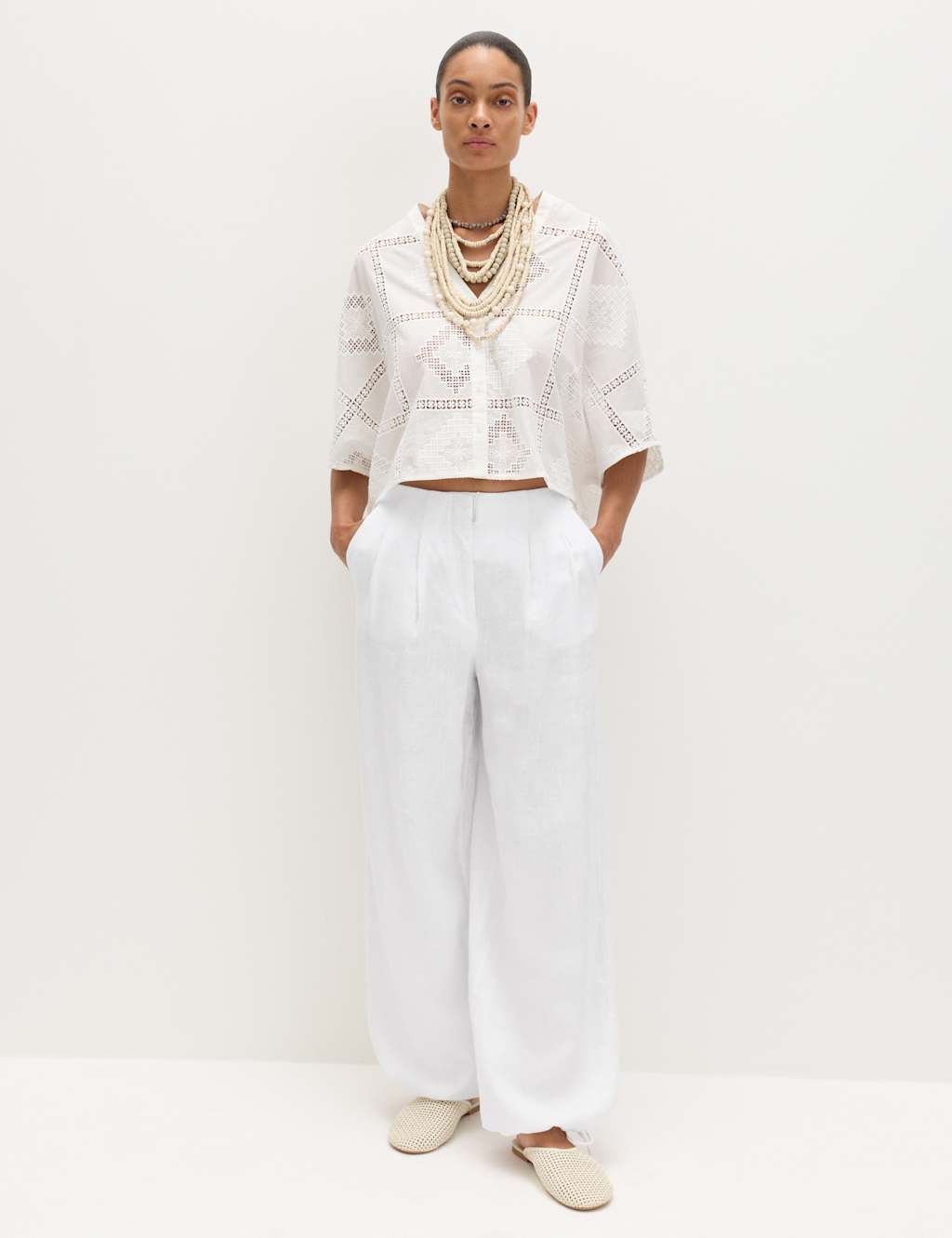 M&S Women's Pure Linen Balloon Trousers - 20 - White