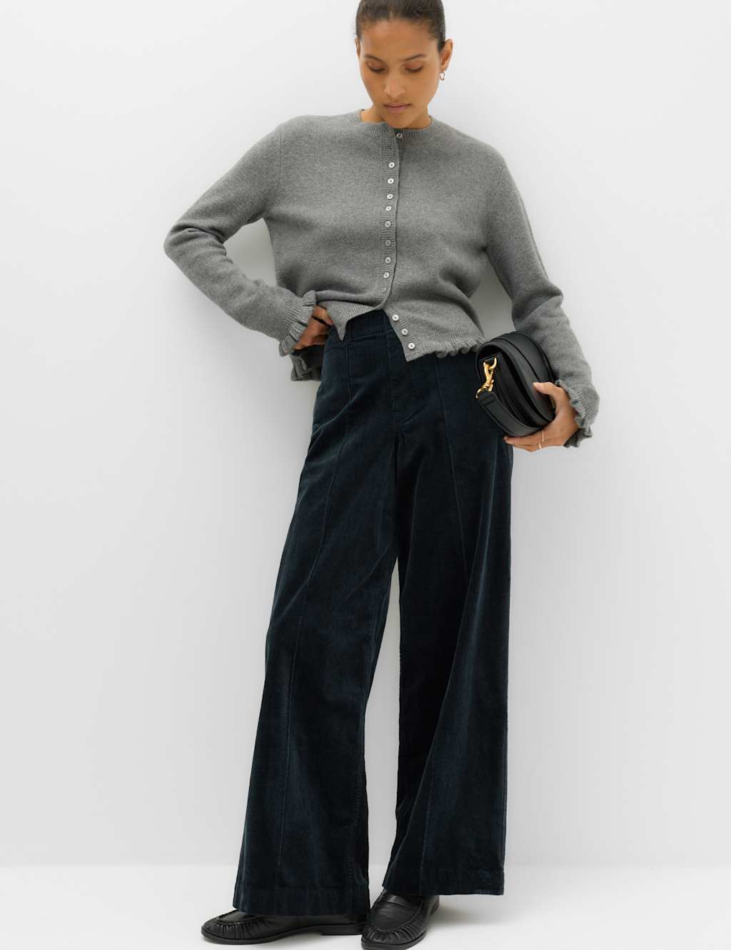 M&S Women's Cord Pintuck Wide Leg Trousers - 16 - Navy